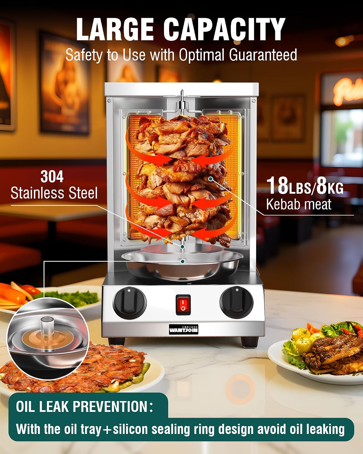 Shawarma Grill Machine - Gas Vertical Rotisserie with 2 Burners and Drip Pan for Home Use, Stainless Steel Rotating