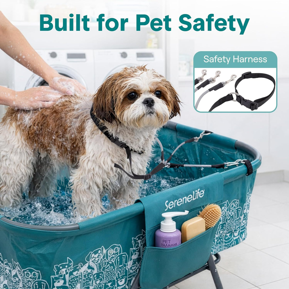 Foldable Dog Bath Tub with Adjustable Height, 360° Access, Drain Hose & Storage Pockets – 130 lb Capacity Grooming