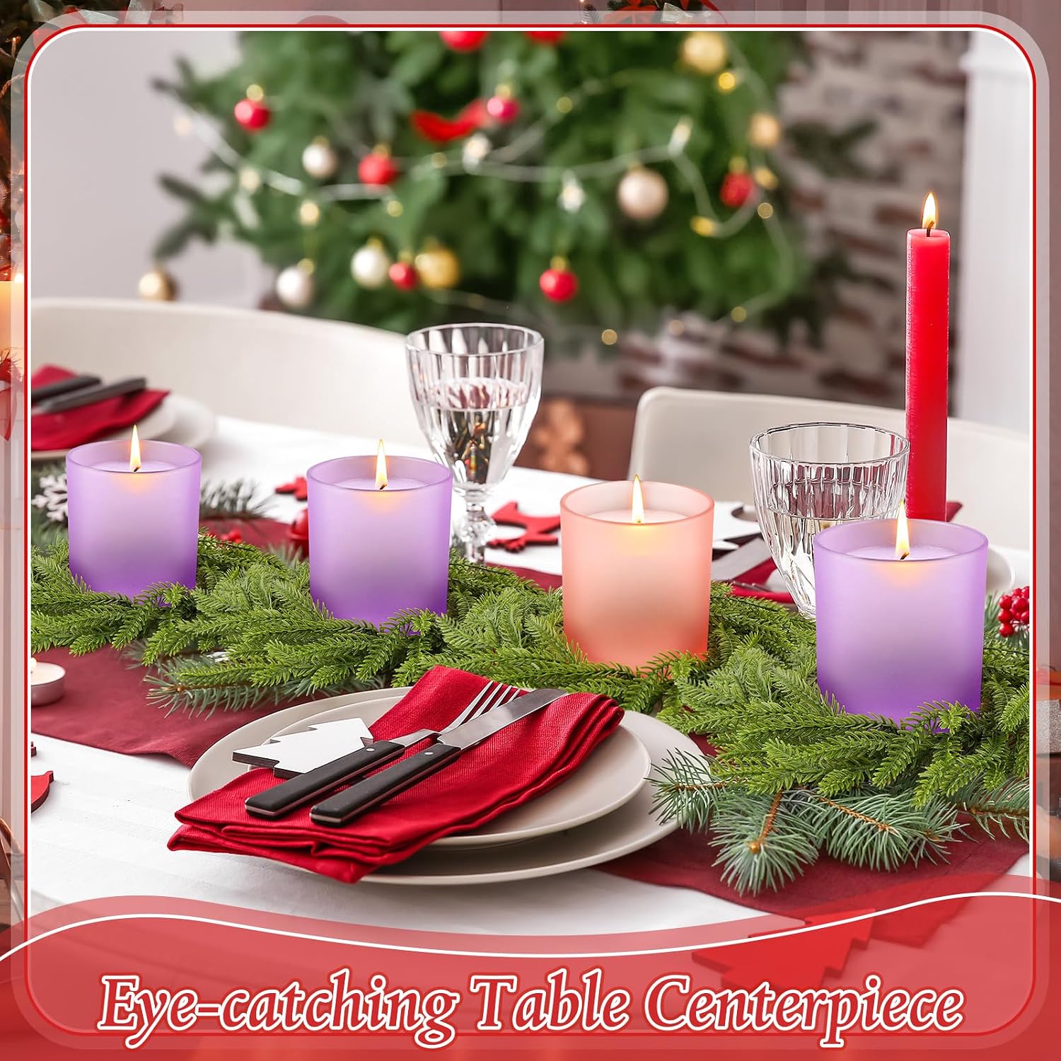 4 Pcs Christmas Advent Candle Holder with Wreath Catholic Nativity Scene Glass Votive Tealight Candle Holders Purple