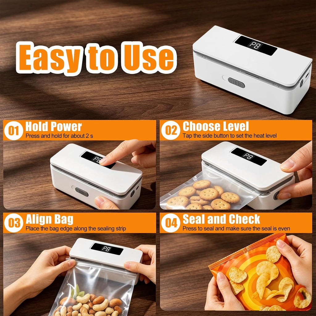 Mini Bag Sealer, 8 Adjustable Chip Sealer with Secure Lock, Cutter, Magnet