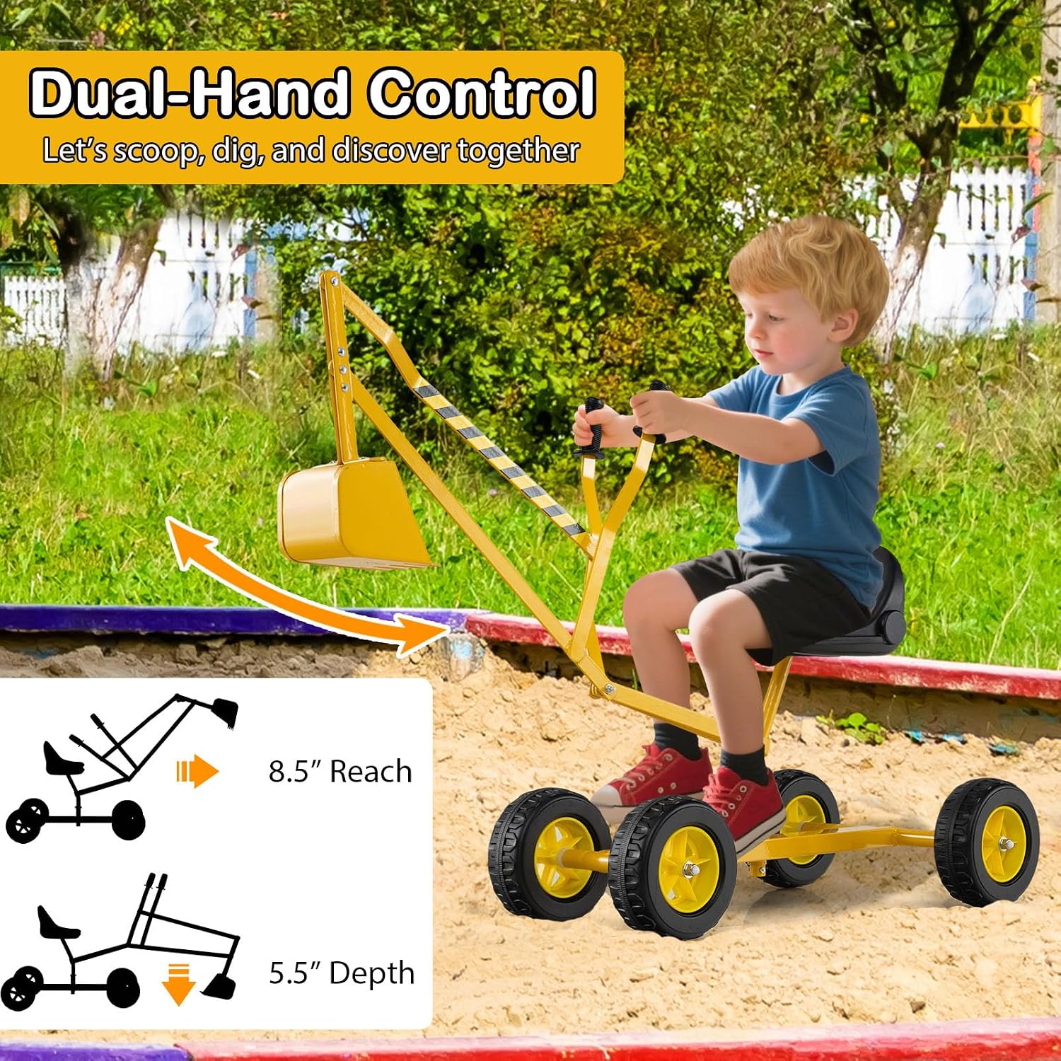 Kids Ride On Digger, 360° Seat Rotatable Excavator Crane Toy for Sand, Dirt, Snow, Heavy Duty Steel Beach Sandbox Sit