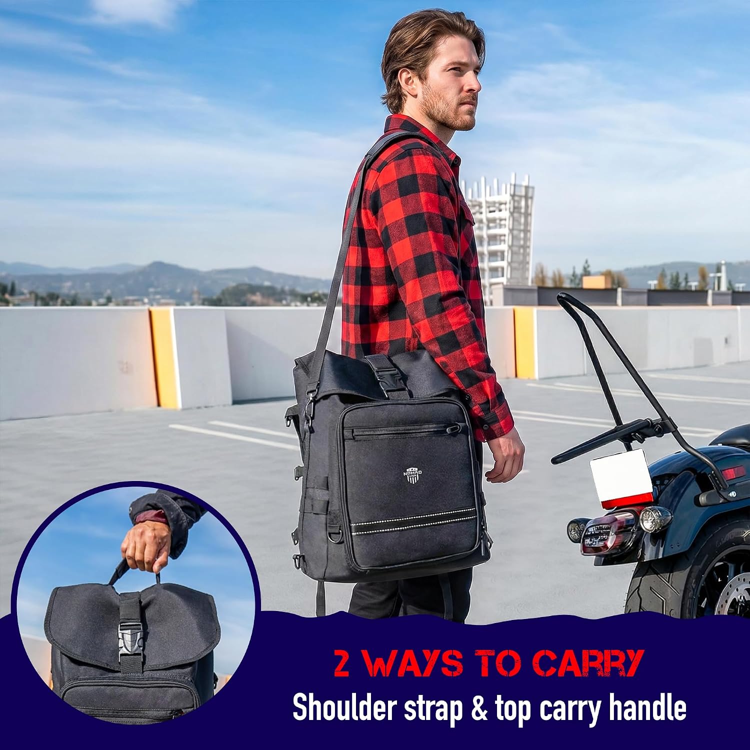 Nomad Motorcycle Sissy Bar Bag Expandable Roll Top Extra Storage Motorbike Tail Bag Converts to Handle & Shoulder