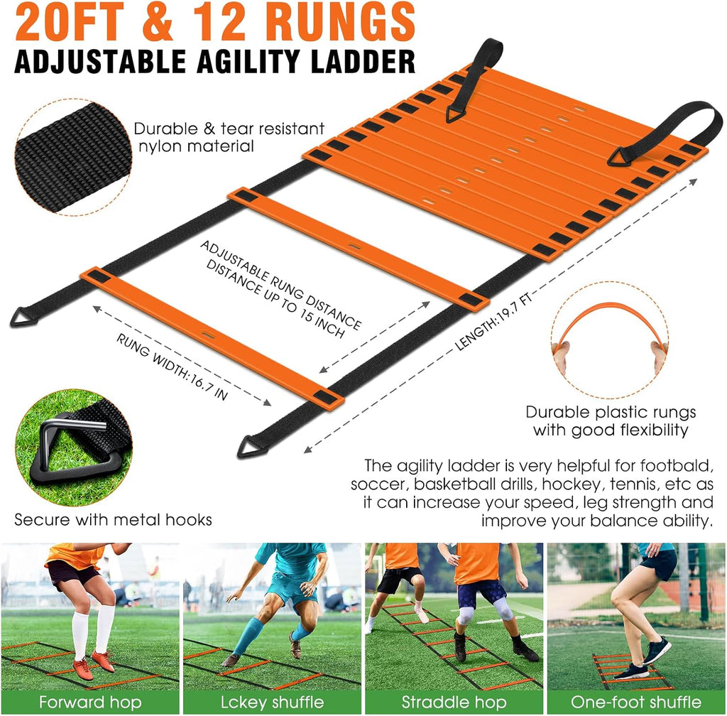 Agility Ladder Speed Training Equipment Set-20ft Agility Ladder,12 Soccer Cones,4 Hurdles, Jump Rope, Running