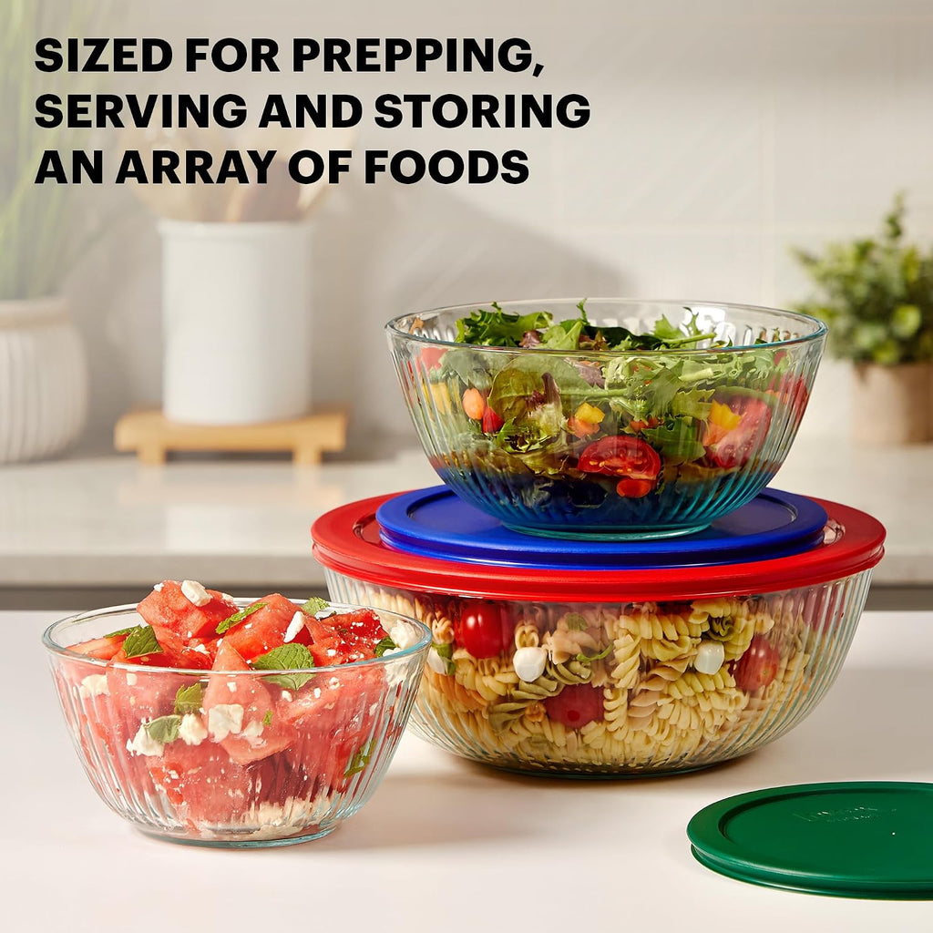 Sculpted (3-Pack) Glass Mixing Bowls Set With Plastic Lids For Prepping, Baking and Cooking, Preheated Oven