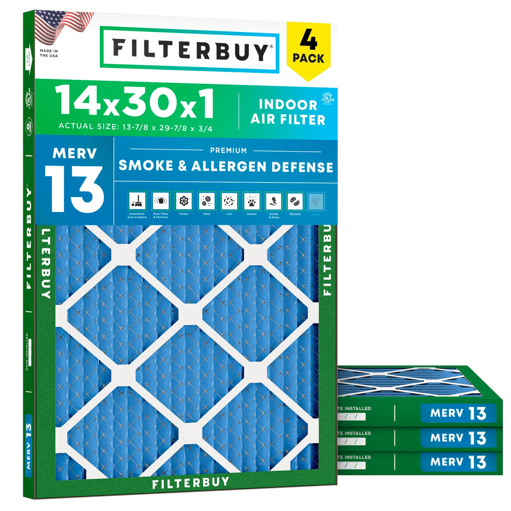 14x30x1 Air Filter MERV 13 Smoke & Allergy Defense (4-Pack)