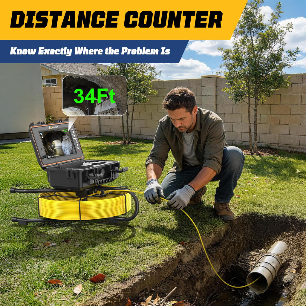 Anysun Self-Leveling Sewer Camera with 512Hz Transmitter, Distance Counter