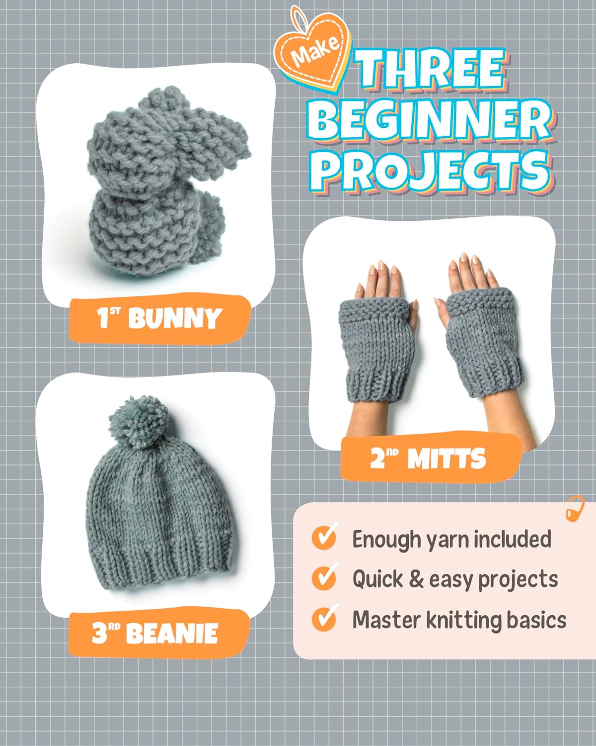 Complete Knitting Kit for Beginners - Learn to Knit Kit with Knitting Accessories Like Thick Beginner Yarn in Gray