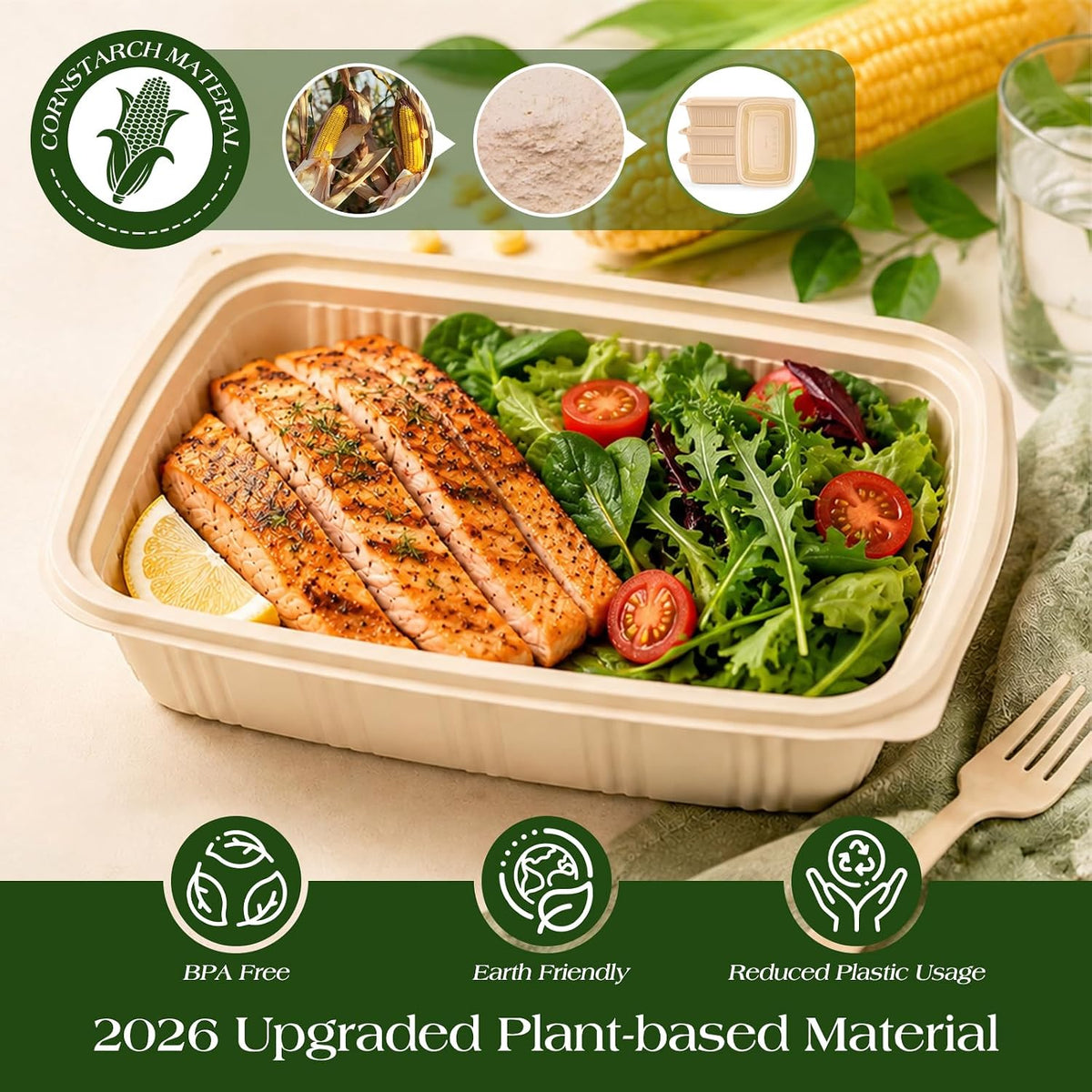 100 Piece (50 Pack) Meal Prep Containers with Lids, 28 oz Cornstarch Food Storage Containers Plant-based Lunch Box