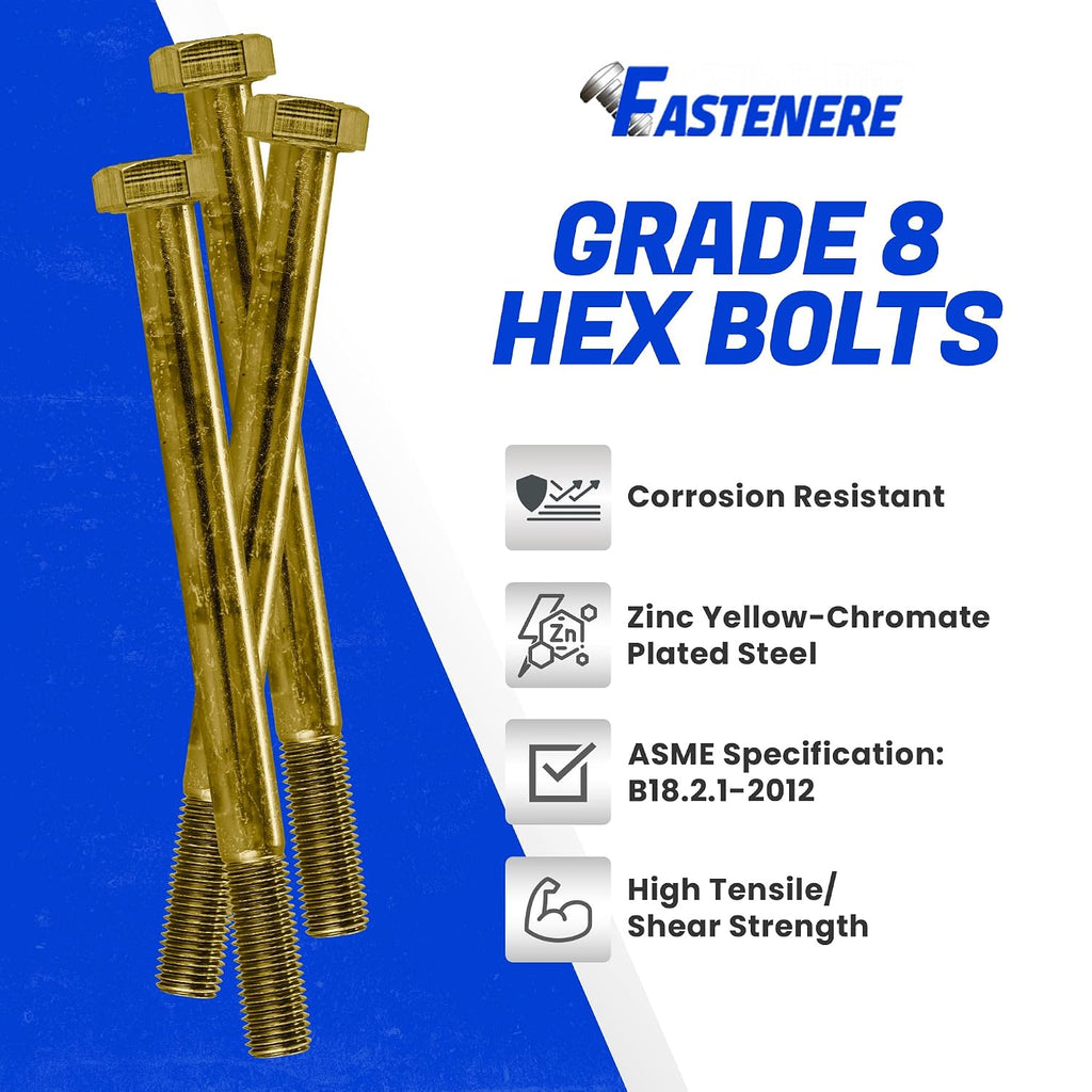 Fastenere 3/8"-24 x 4-1/2" Hex Bolts Grade 8 Zinc Yellow-Chromate Plated Steel, Partial Threaded Durable Hex Bolts for Machinery & Construction, Rust-Resistant, Heavy-Duty Fasteners, Pack of 10