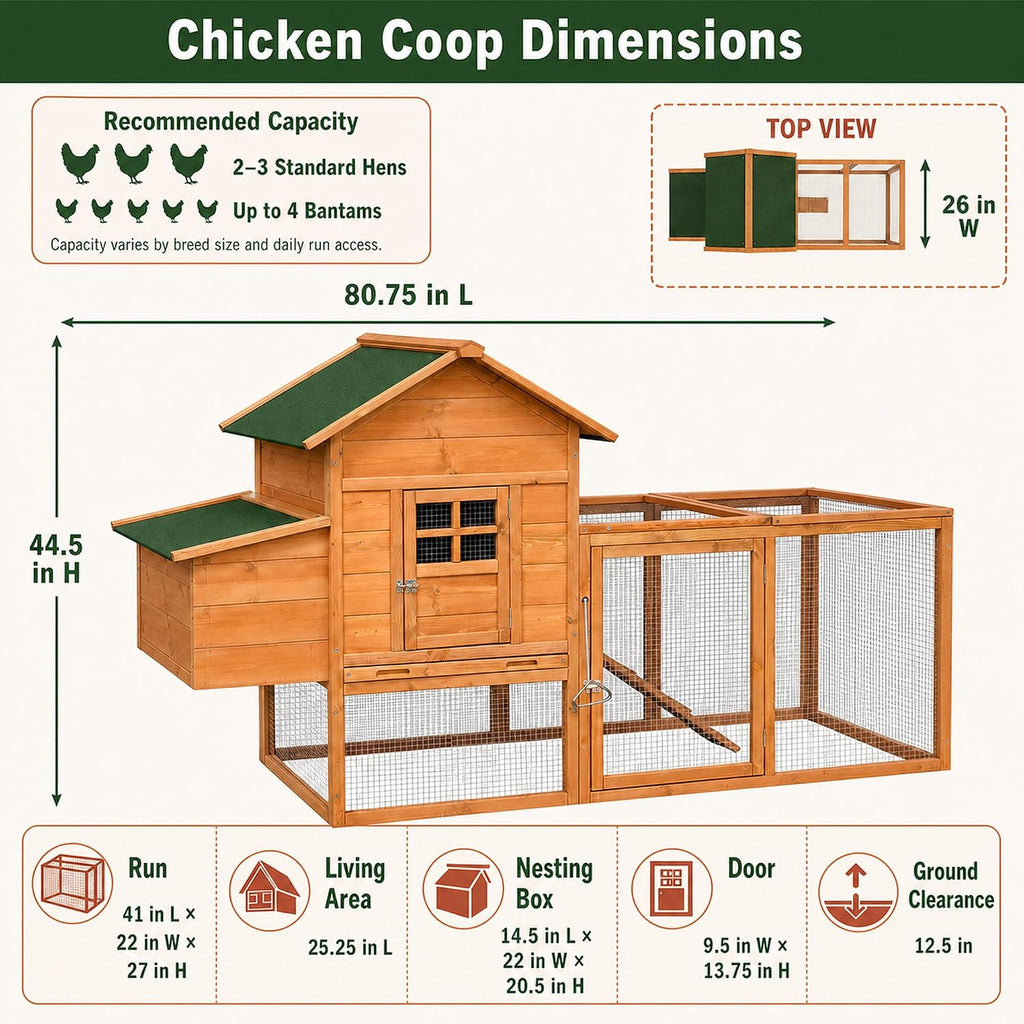 80" Chicken Coop with Run, Predator-Proof Wooden Hen House for 2-4 Chickens, Waterproof Outdoor Poultry Cage with