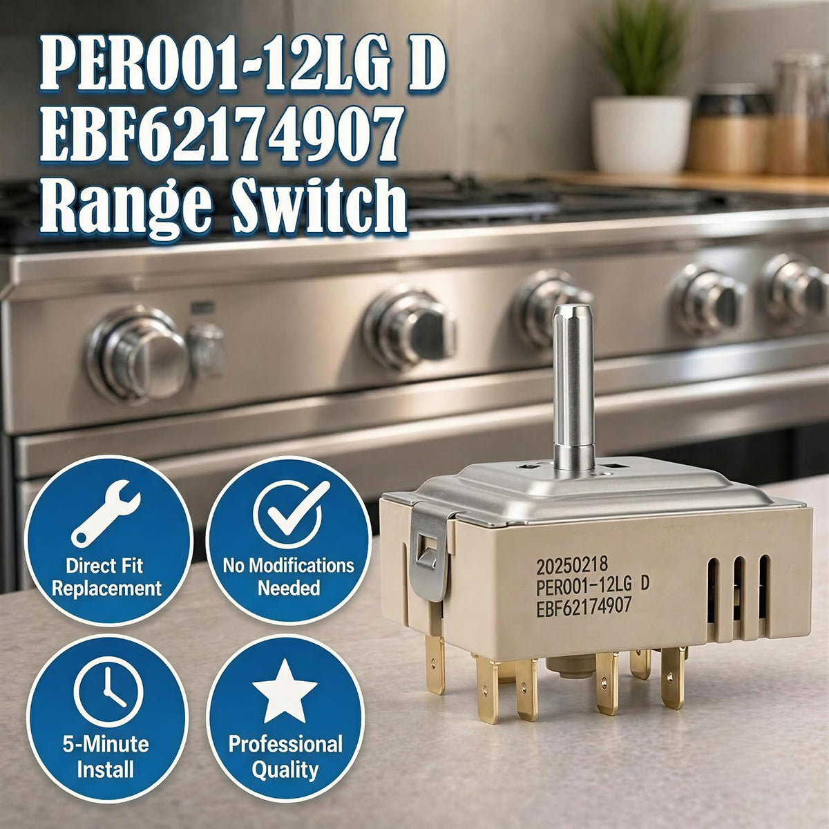 PER001-12LG D EBF62174907 Surface Element Control Switch, Replacement Burner Infinite Switch for LG Electric Range, Compatible with EBF62174902 EBF62174904