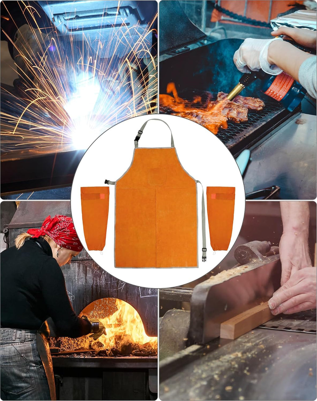 Welding Apron& Sleeves, Welding Work Protectors Set, Heat and Flame Resistant Leather Work Shop, Blacksmith
