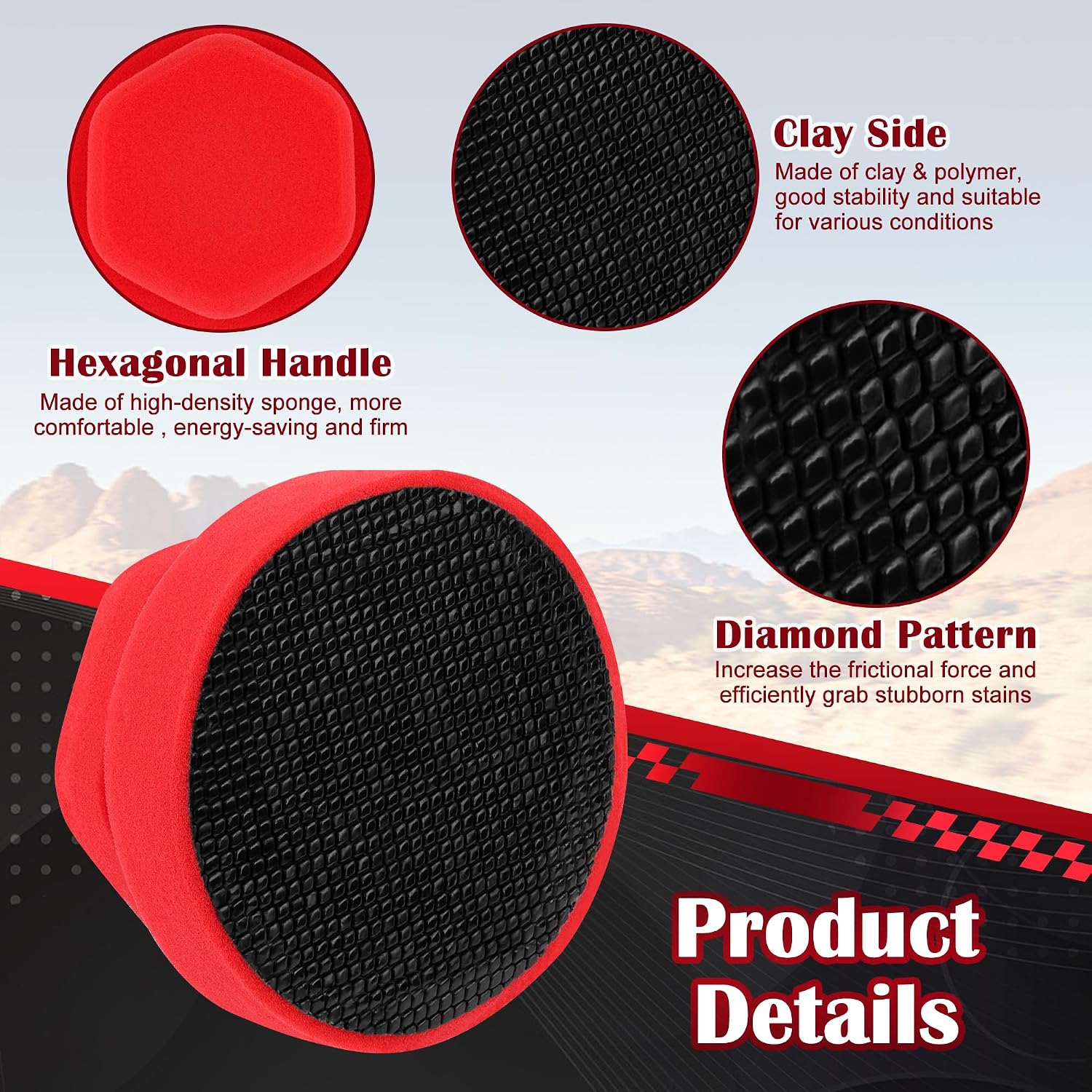 Synthetic Clay Bar Sponge, Red Magic Car Clay Bars Auto Detailing | Double Side Use, Update Hexagonal Handle Clay Bar