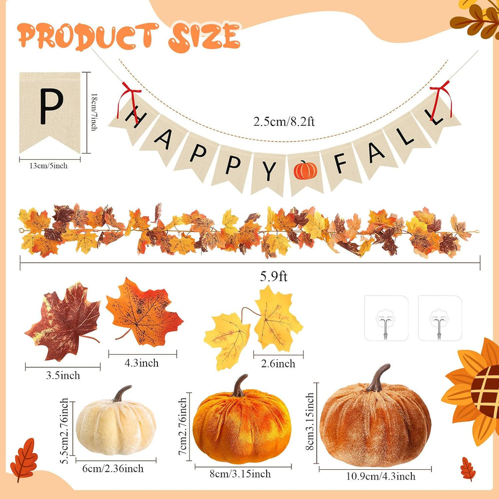 13 Pcs Fall Decorations Set, Happy Fall Banner with Bow Accents, Maple Leaf Garland and 9 Felt Pumpkins, Autumn
