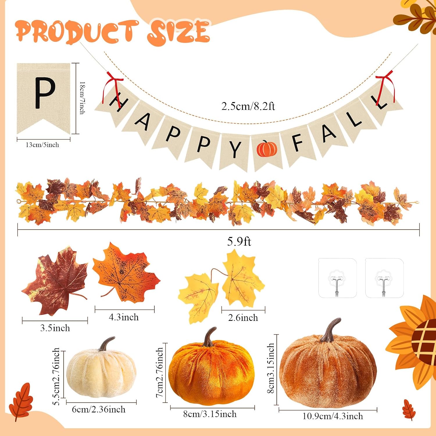 13 Pcs Fall Decorations Set, Happy Fall Banner with Bow Accents, Maple Leaf Garland and 9 Felt Pumpkins, Autumn
