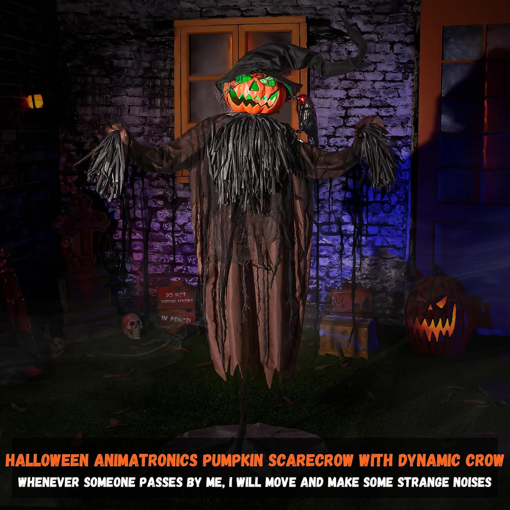 Halloween Animatronics Decorations, 5.5FT Animated Scarecrow with Pumpkin Head & Dynamic Crow, Sound Activated, Light