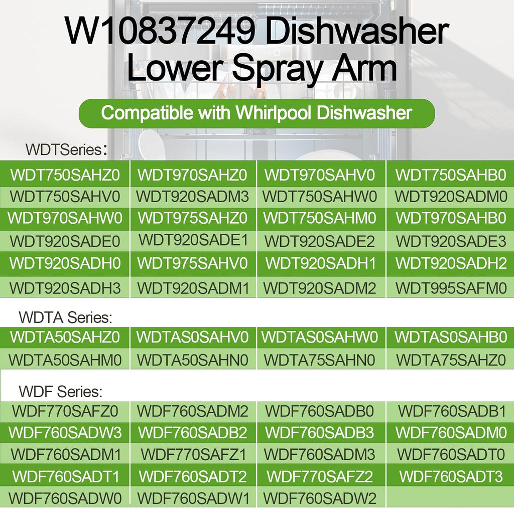 W10837249 Dishwasher Lower Spray Arm for Whirlpool WDT750SAHZ0 WDTA50SAHZ0