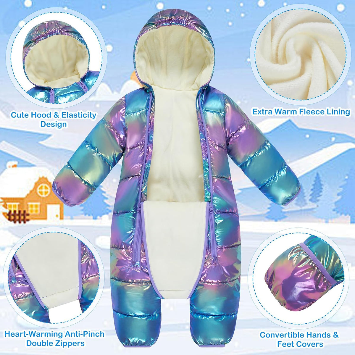 Baby Double Zipper Footed Hooded Fleece Lined Snowsuit 3-24M | Toddler Winter Clothes Infant Girls Boys Padded Puffer