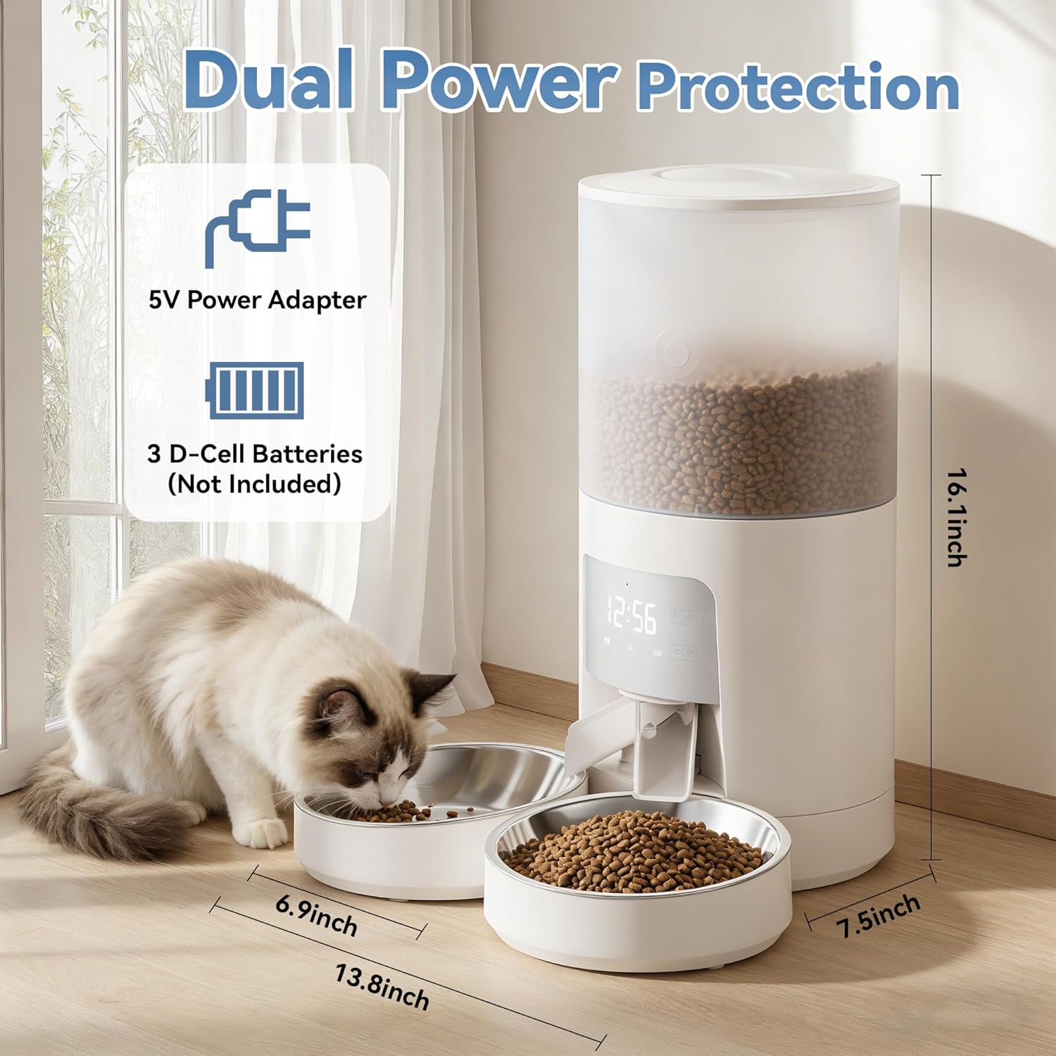6L Automatic Cat Feeder for 2 Cats, Timed Cat Food Dispenser with 2 Stainless Bowls, 10s Voice Recorder, Dual Power