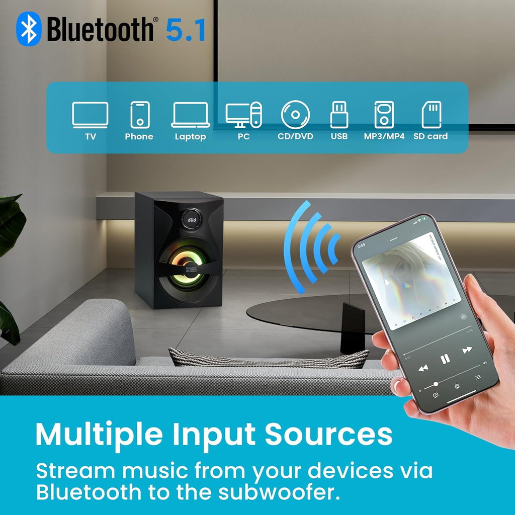 Goldwood Bluetooth 5.1 Surround Sound Home Theater Speaker System with LED Display, FM Tuner, USB/SD Inputs - 6-Piece