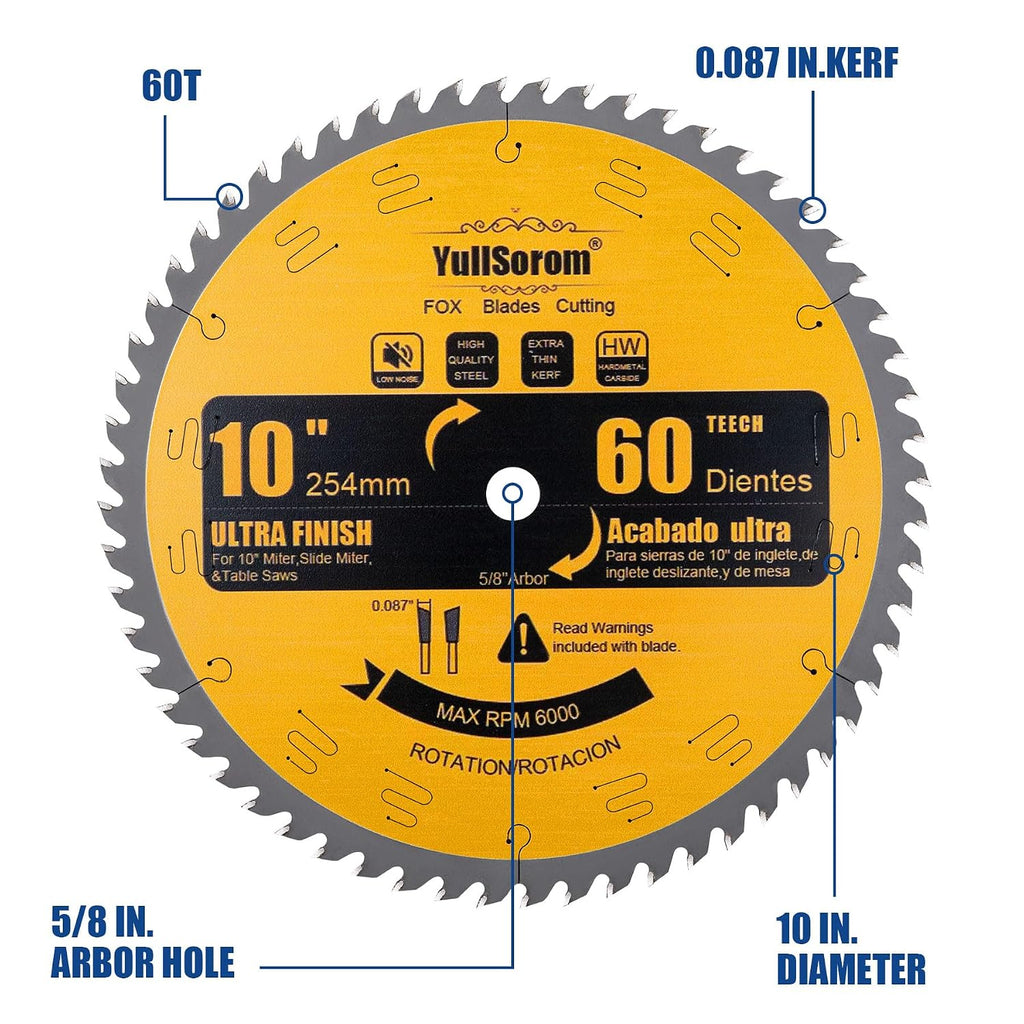 10 Inch Thin Kerf Fine Finish Crosscut Table Saw Blades, 60-Tooth ATB TCT Fine Finish Wood Cutting Circular Saw Blade