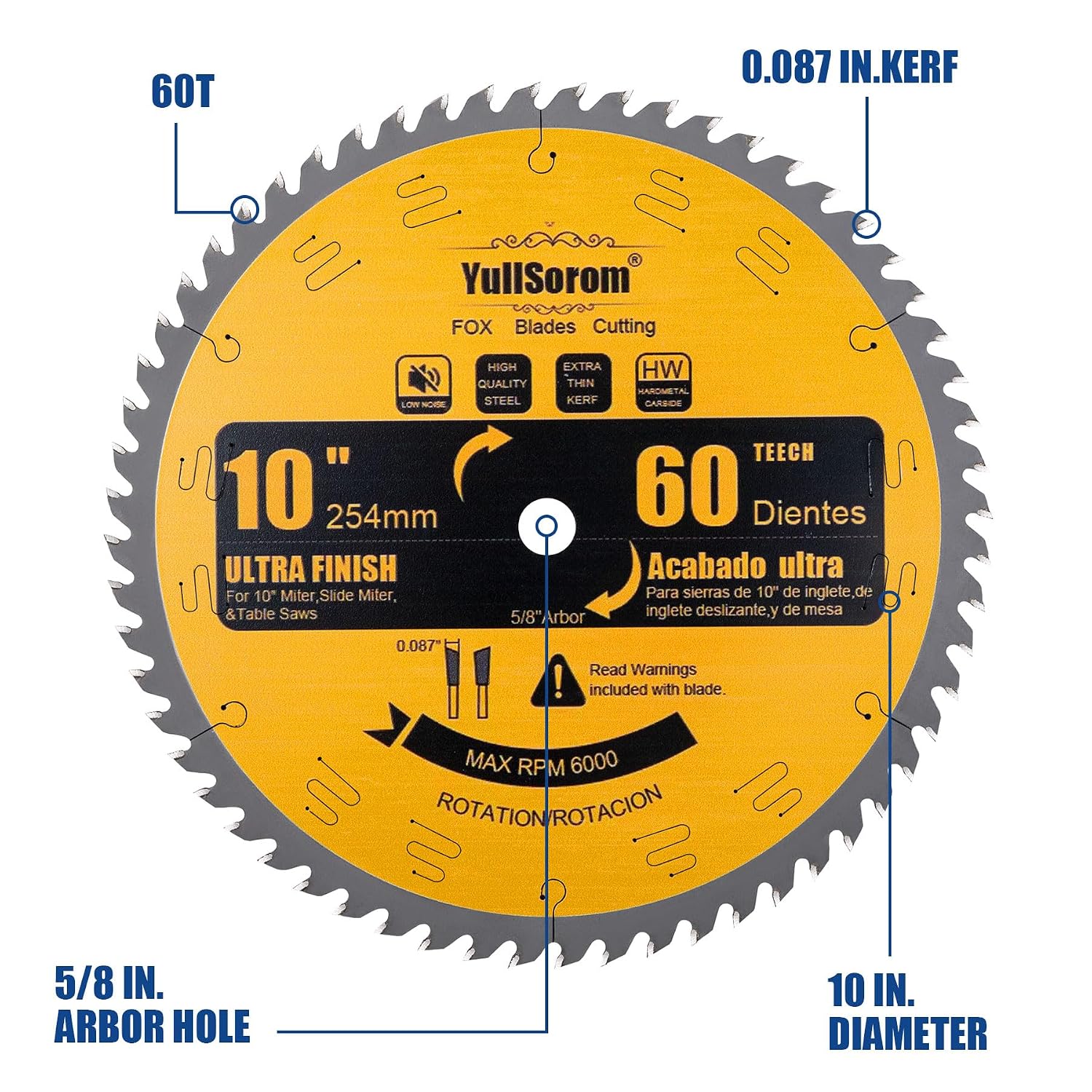 10 Inch Thin Kerf Fine Finish Crosscut Table Saw Blades, 60-Tooth ATB TCT Fine Finish Wood Cutting Circular Saw Blade