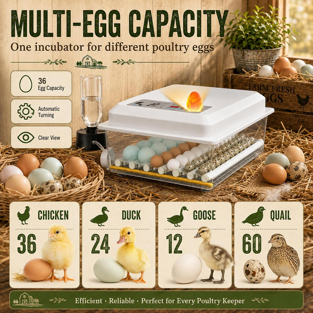 Egg Incubator for Chicken for 36, 5 Incubation Modes, Temperature Control, Auto Egg Turning, Dual Power Supply