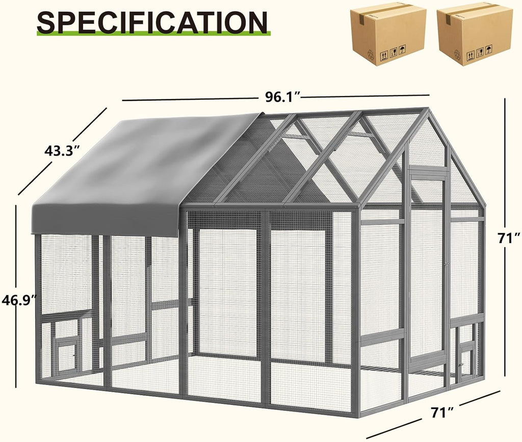Wooden Large Chicken Coop, Walk-in Poultry Cage, Gray