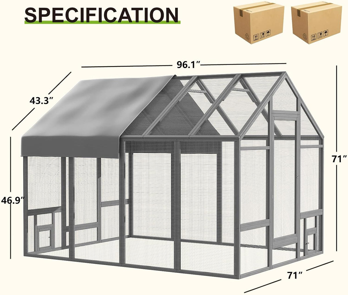 Wooden Large Chicken Coop, Walk-in Poultry Cage, Gray