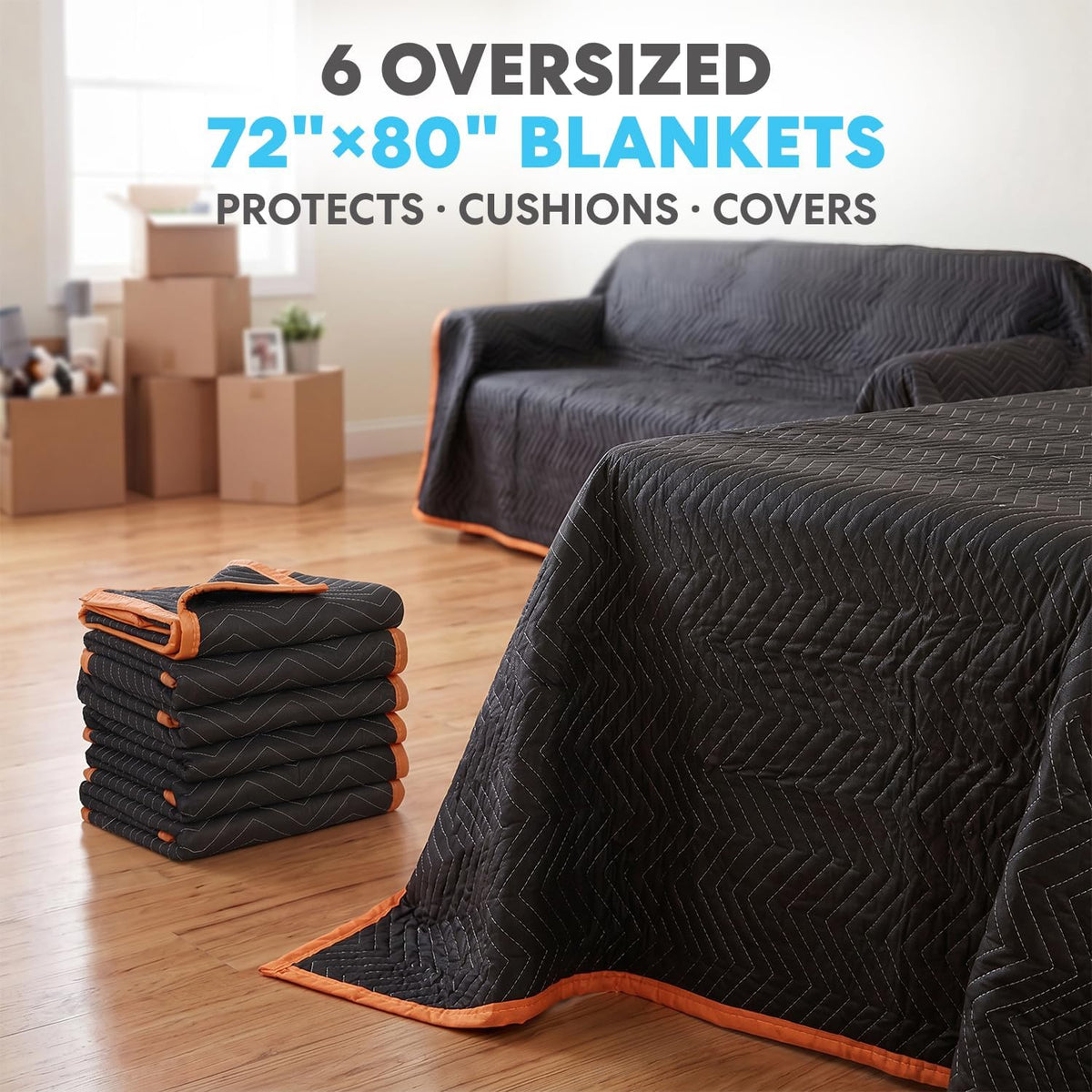 Heavy Duty Padded Moving Blankets, Orange/Black, 72” x 80”, 6 Pack