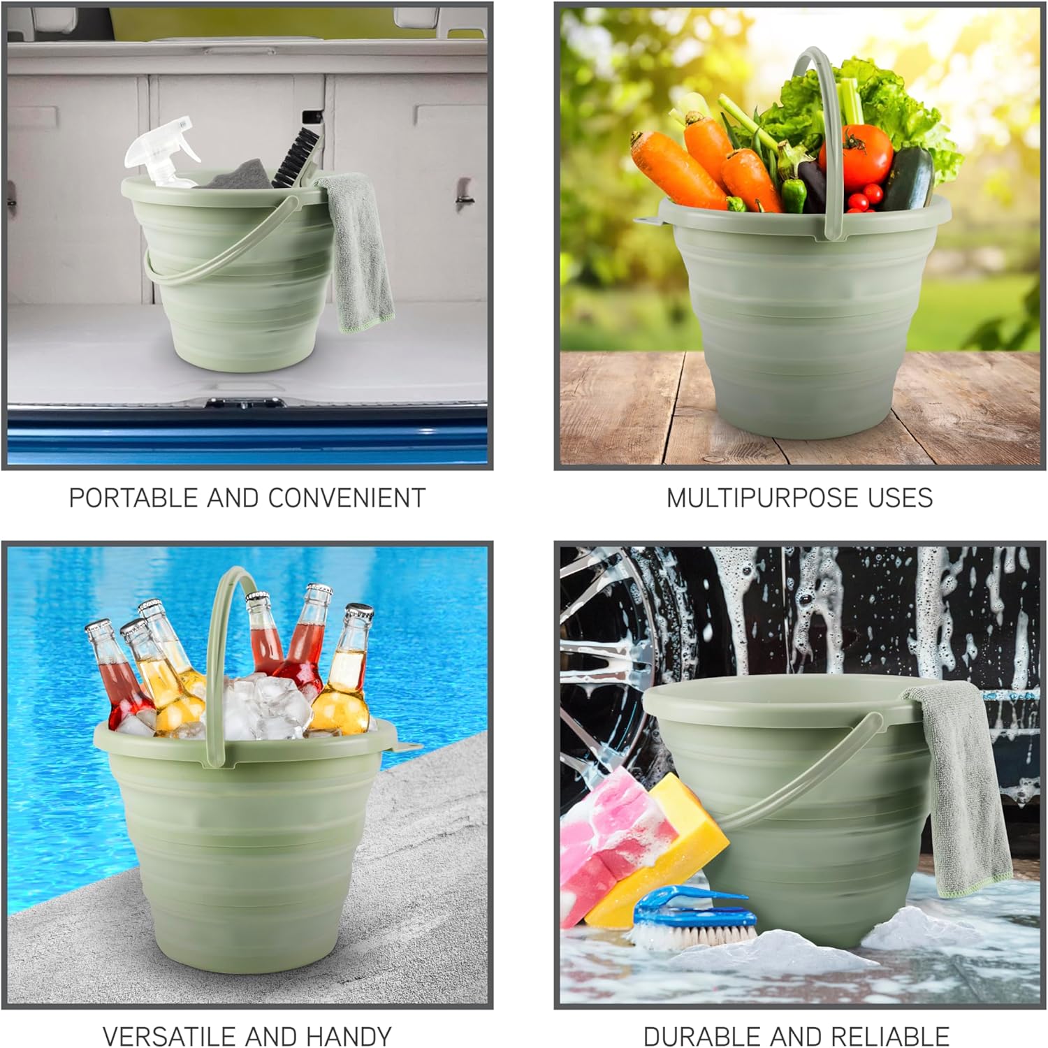 Collapsible Bucket Cleaning Set - Includes 2 Foldable Buckets, Spray Bottle, Rag, Scrubbing Brush and Sponge - Holds
