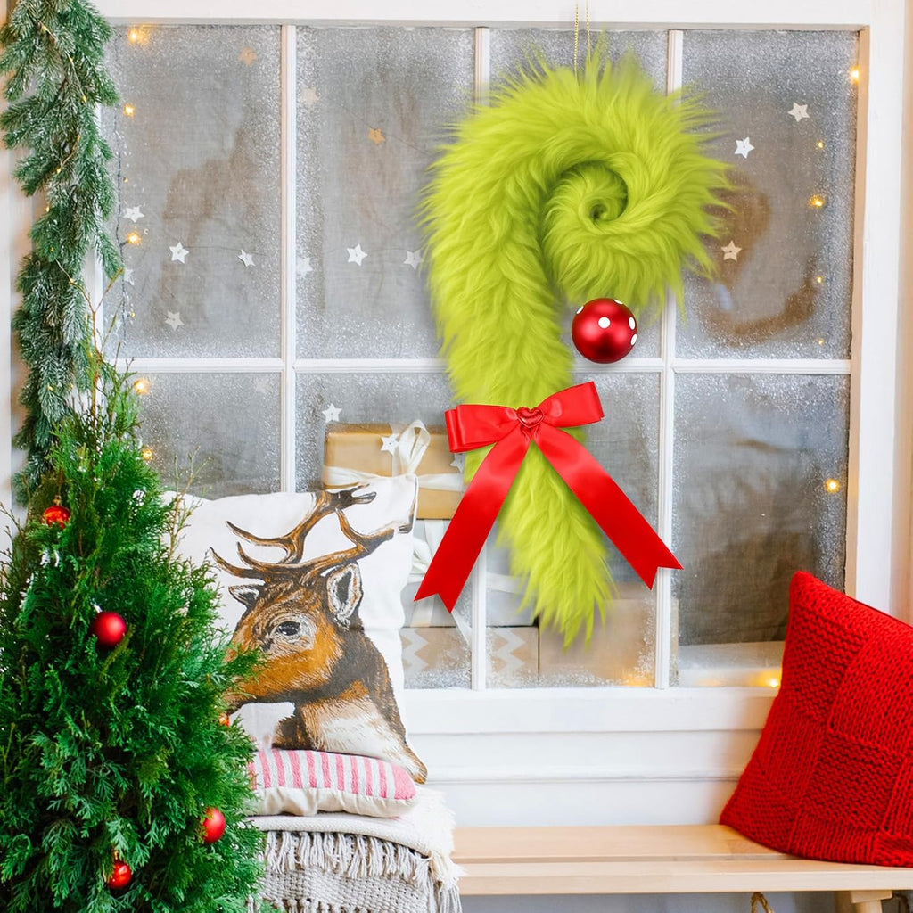 Christmas Candy Cane Wreath Hangers for Front Door Lime Green Furry Hanging Decor Christmas Door Sign Bow Decorations