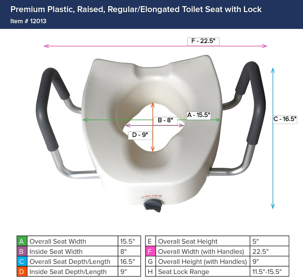Premium Plastic Raised Toilet Seat with Lock and Padded Armrests, Elongated, Pack of 1