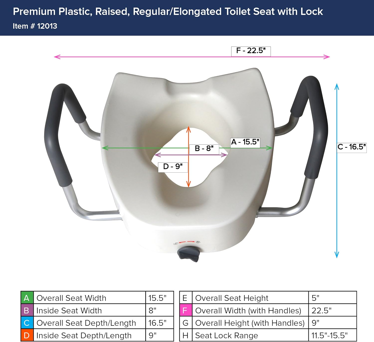 Premium Plastic Raised Toilet Seat with Lock and Padded Armrests, Elongated, Pack of 1