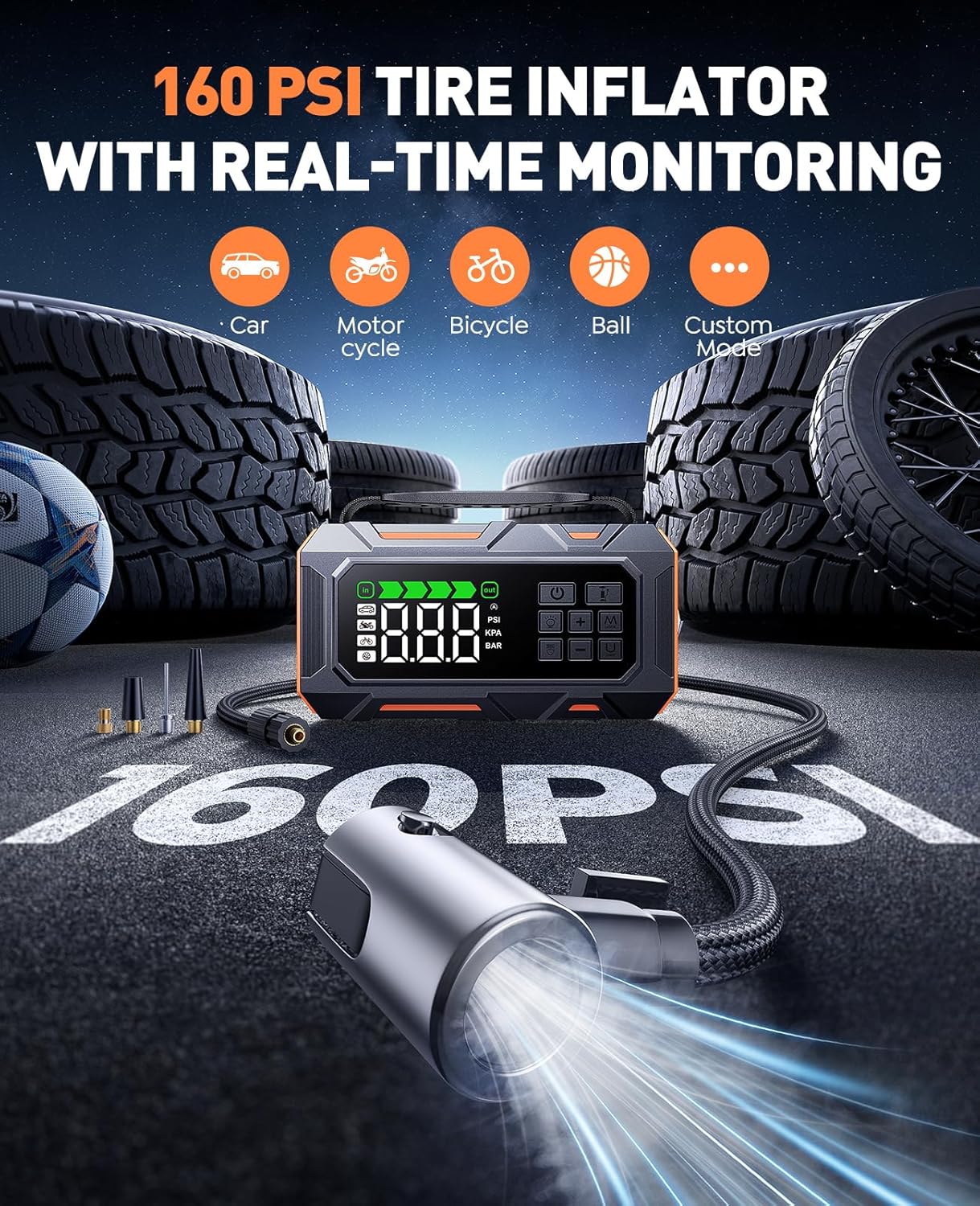 16-in-1 8000A Car Battery Jump Starter with Air Compressor 160PSI, Jump Starter Jump Box (All Gas 12L Diesel) with