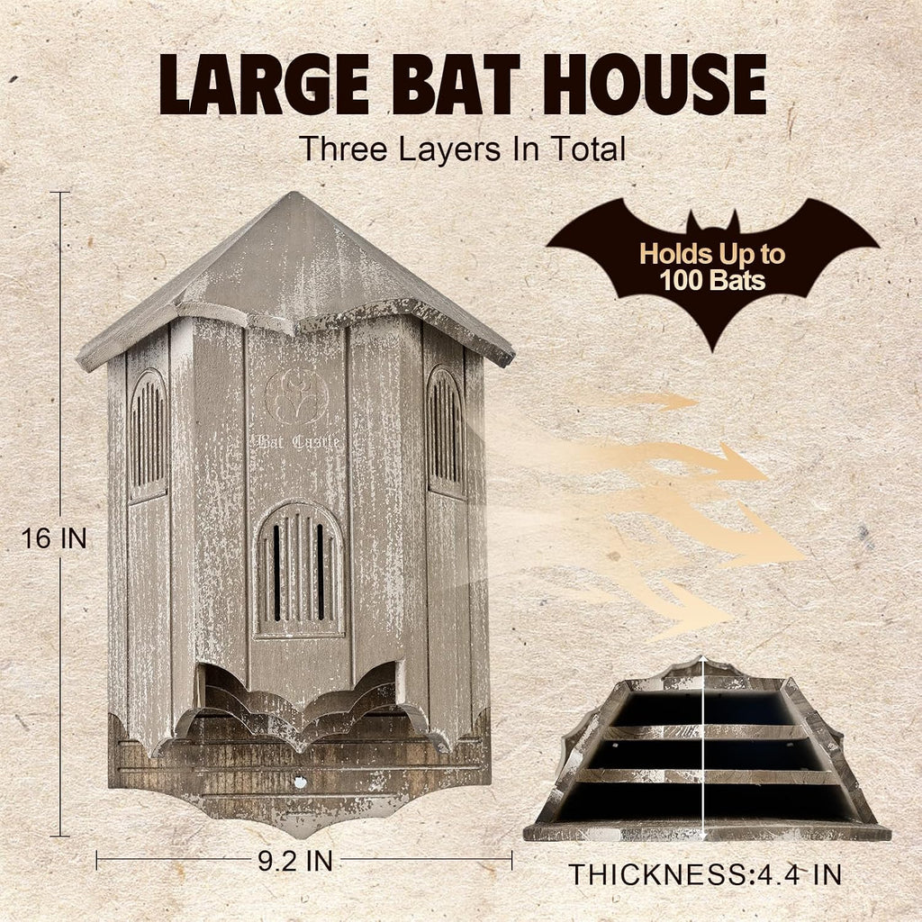Bat House for Outdoors, Castle 3-Chamber Bat Box, 100-Capacity