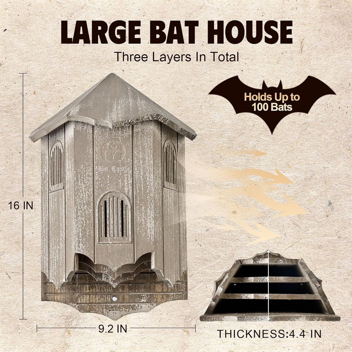 Bat House for Outdoors, Castle 3-Chamber Bat Box, 100-Capacity