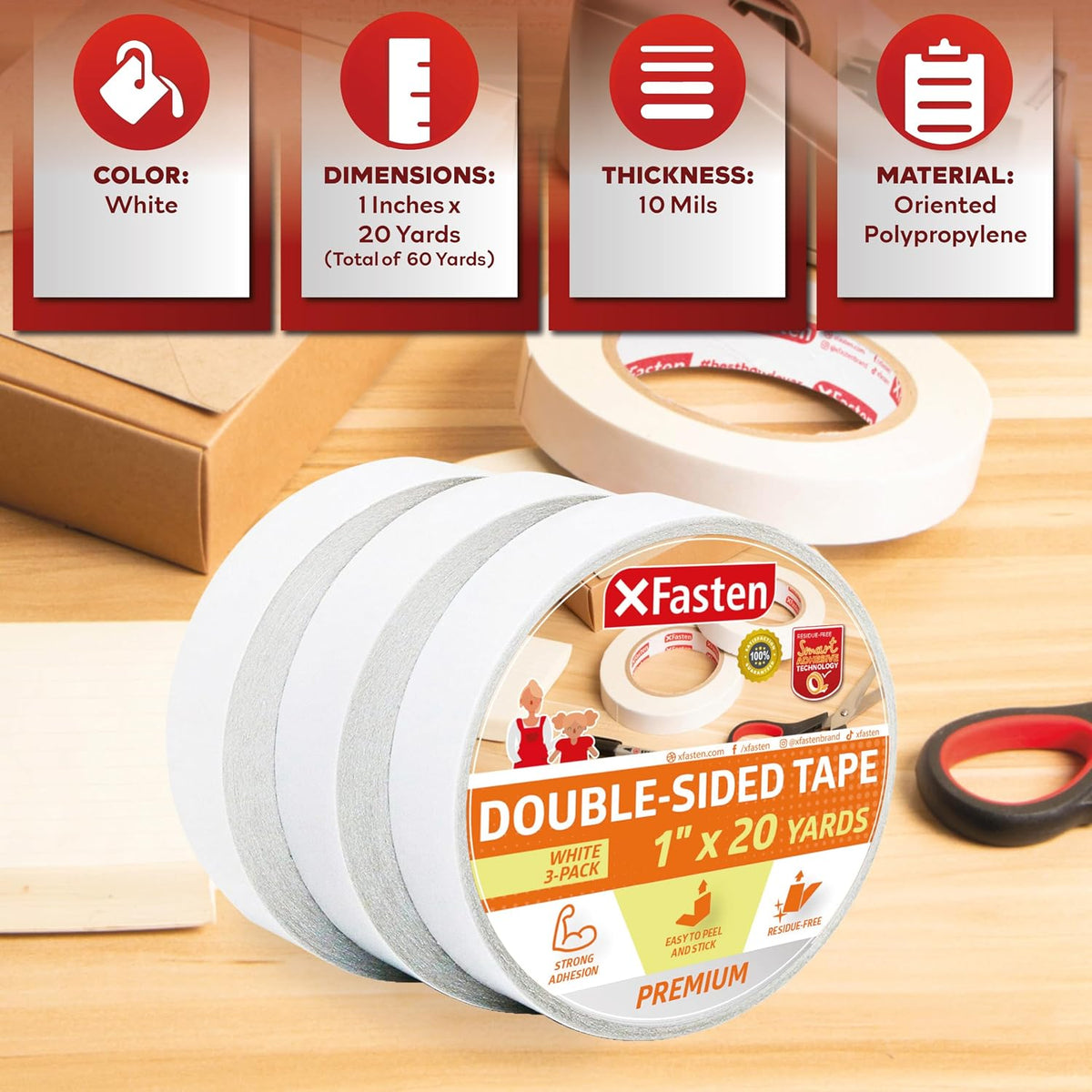 Double Sided Tape, Removable, 1-Inch by 20-Yard (Pack of 3) Ideal as a Gift Wrap Tape, Holding Carpets, and Woodworking