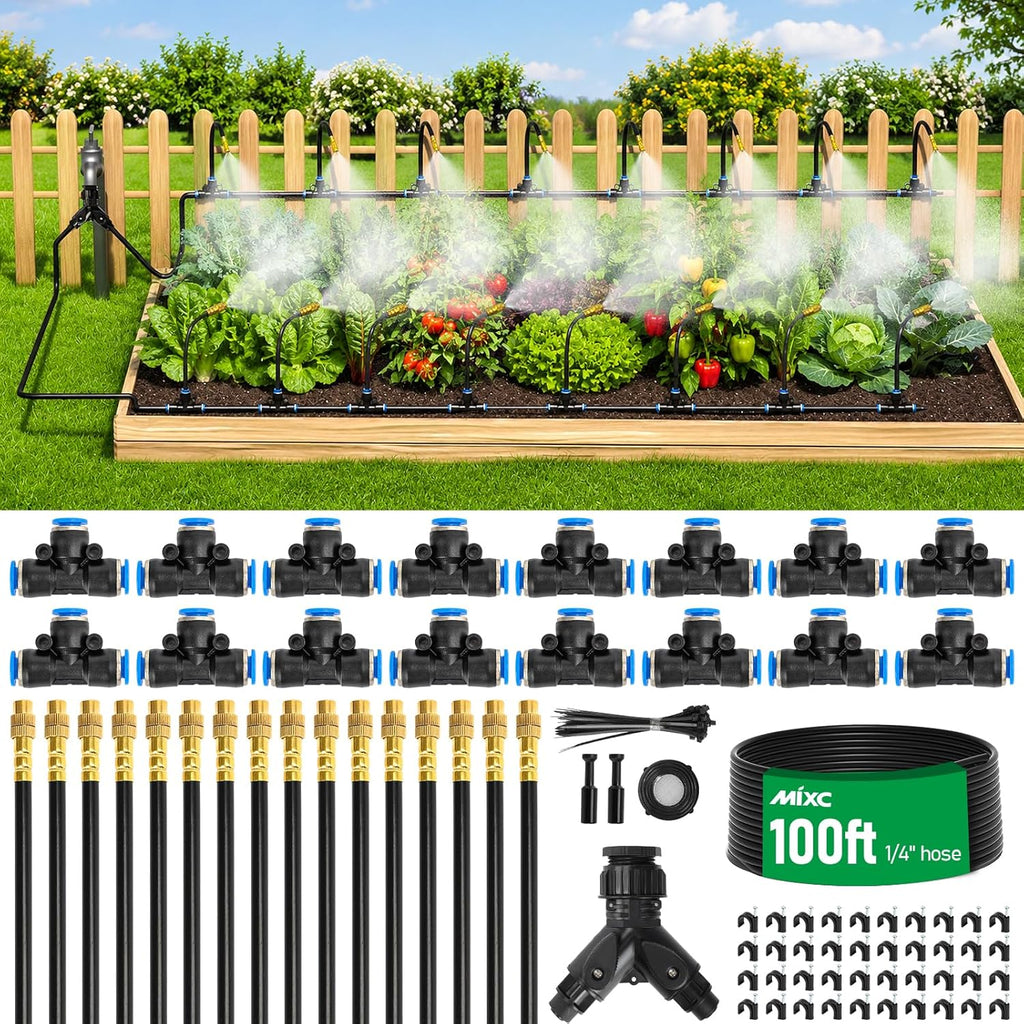 1/4" 100Ft Drip Irrigation System for Garden with 16pcs 360°Adjustable Brass Nozzles & Bendable Rod,Upgraded Watering