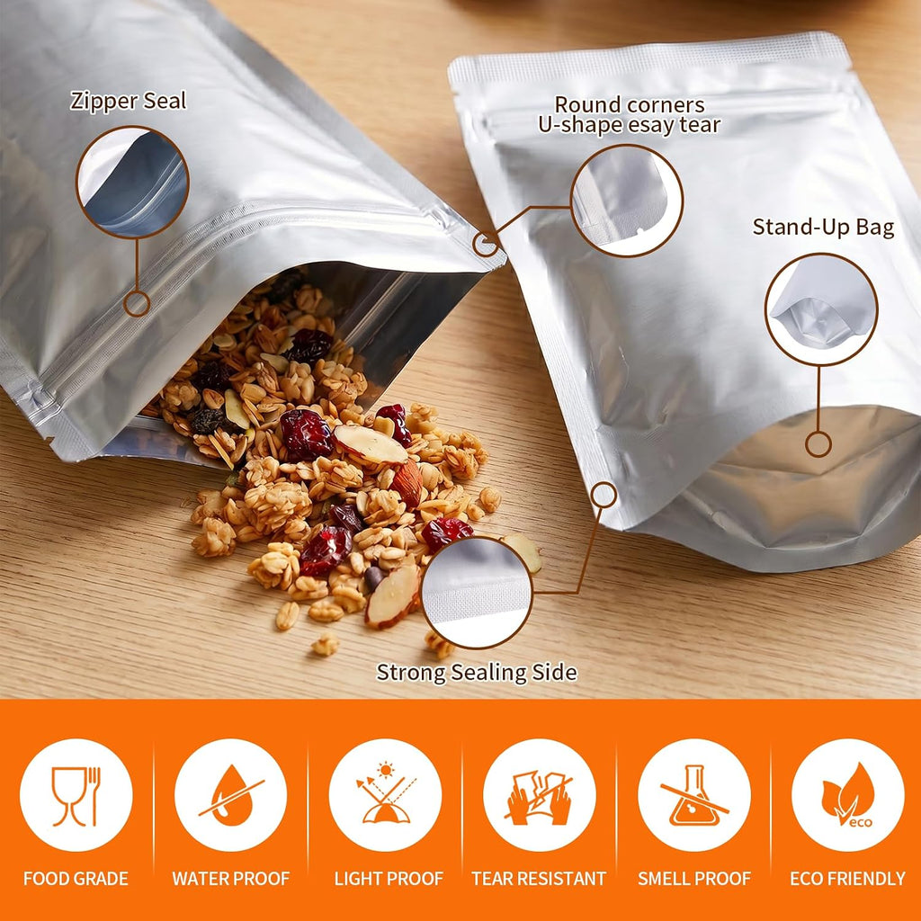 1Qt Mylar Bags with Oxygen Absorbers, 500cc, 50-Pack Food Storage | 50 resealable 1Qt Mylar bags w/50x500cc absorbers