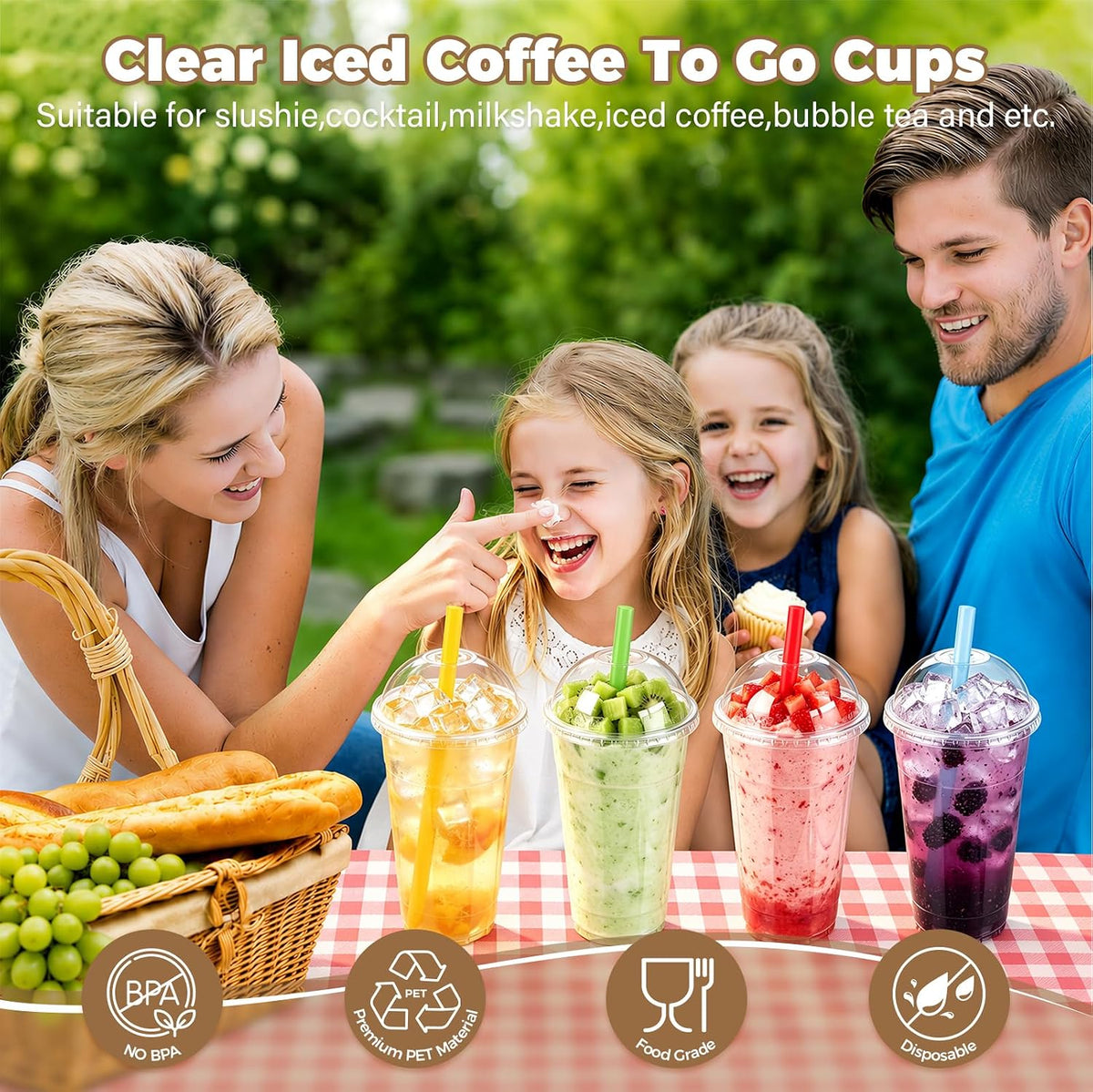 50pack 32oz Clear Plastic Cups with Dome Lids & Wide Color Straws
