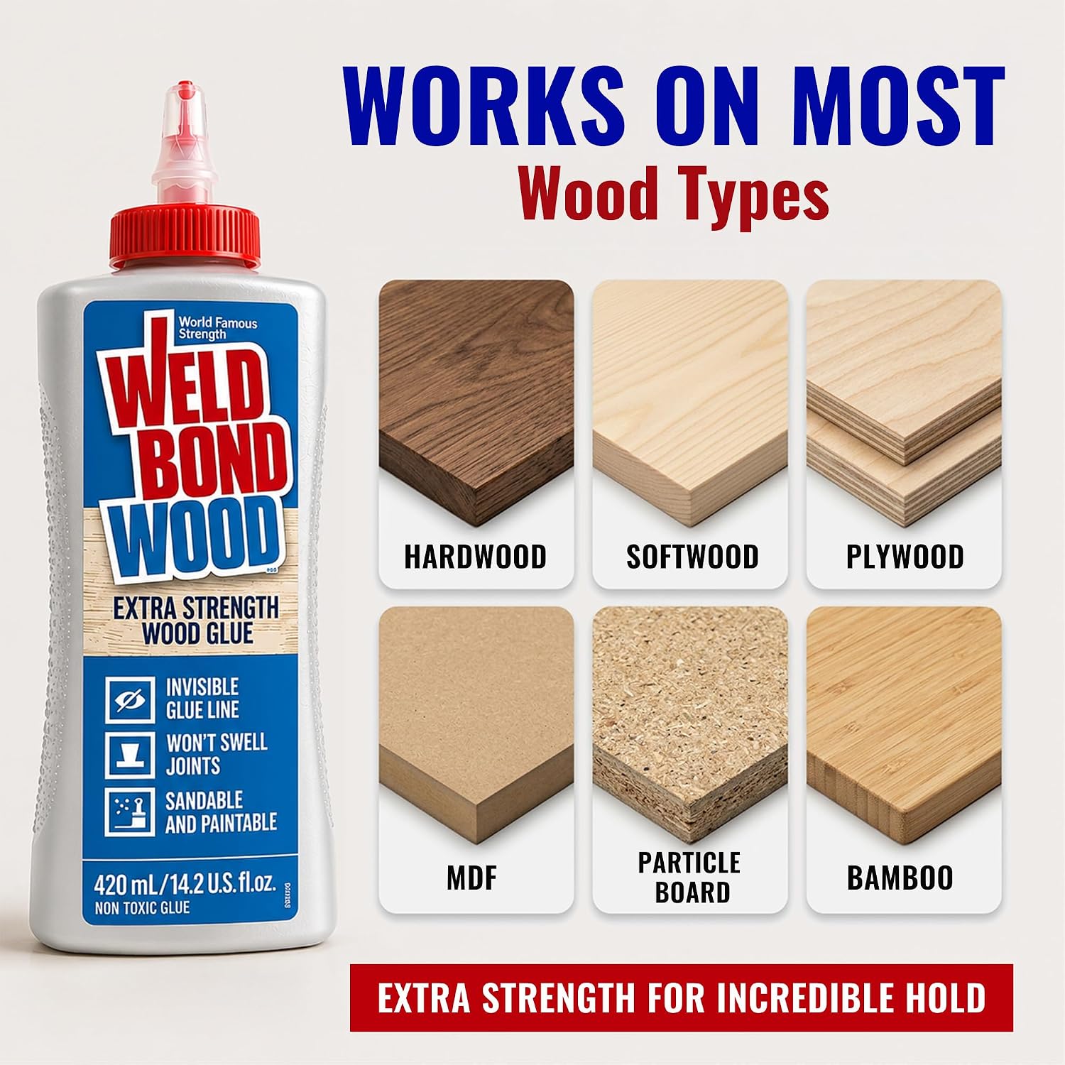 Extra Strength Wood Glue for Woodworking, Furniture Repair & DIY Projects - Non-Toxic, Invisible Line, Sandable &
