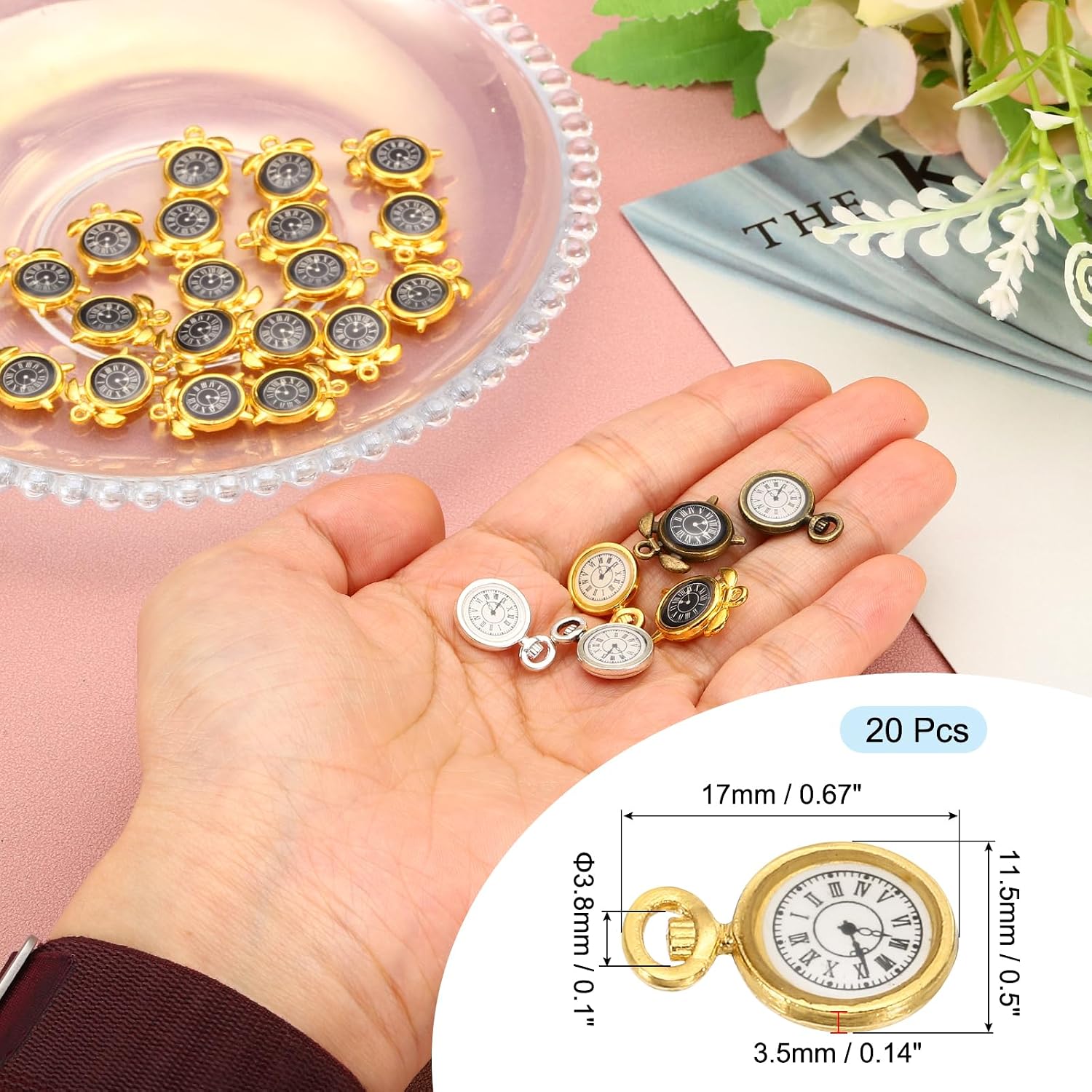 Watch Clock Charm Pendant, 20 Pcs Alloy Enamel Retro Vintage Pocket Watch Charm for Woman Necklace Earring Bracelet