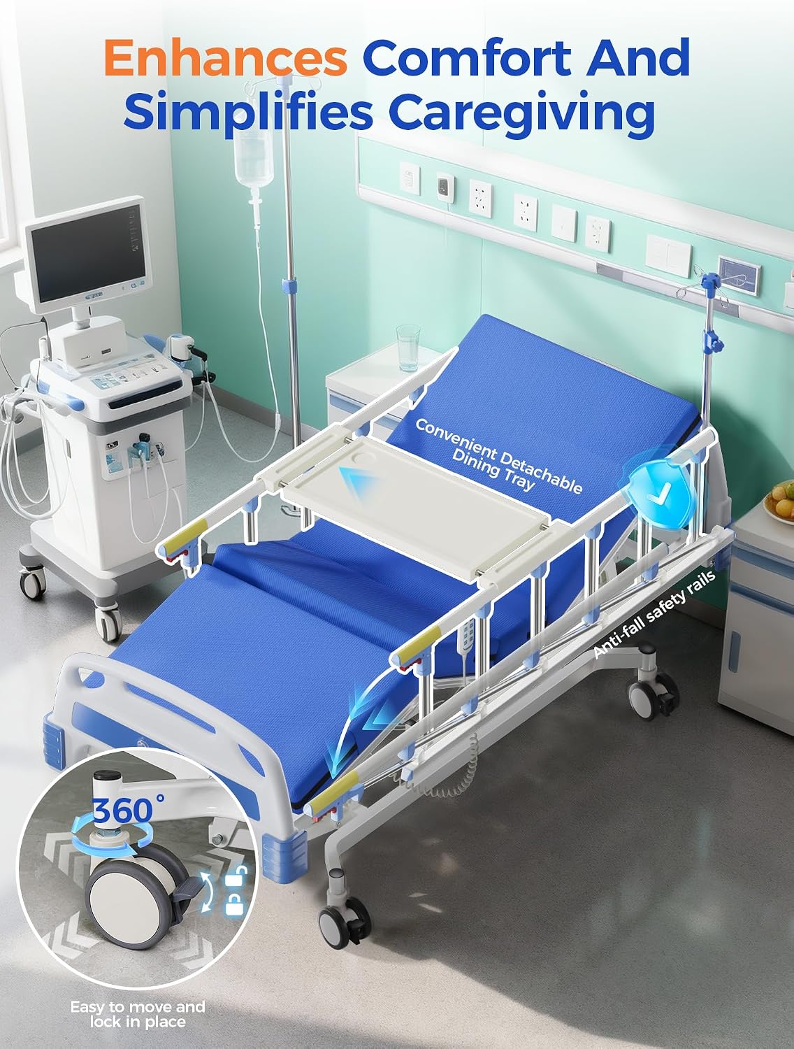 3 Function 600LBS Full Electric Hospital Bed, Beds for Home Use, Medical Bed for Seniors with Mattress, Adjustable