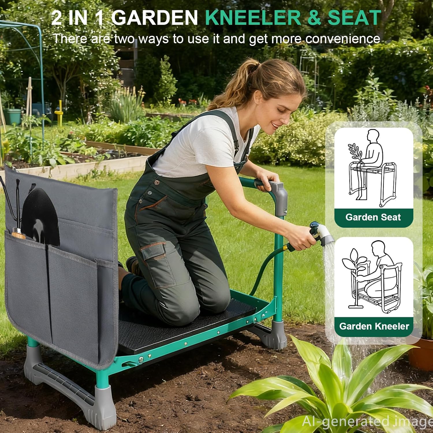 Garden Kneeler and Seat, 2-in-1 Foldable Garden Bench with Non-Slip EVA Foam Pad, Storage Bags, Glove, Portable