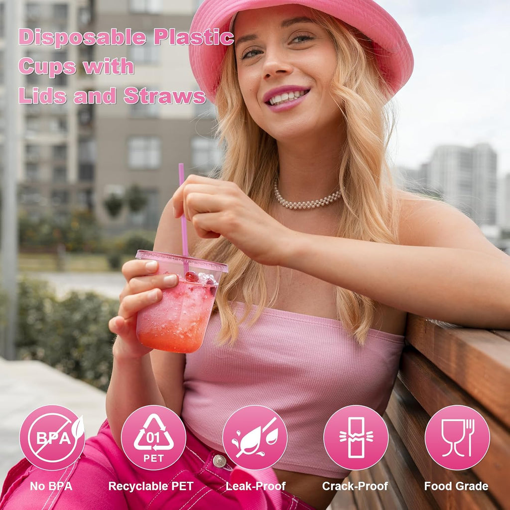 50 Pack 12 oz Pink Plastic Party Cups with Lids and Straws