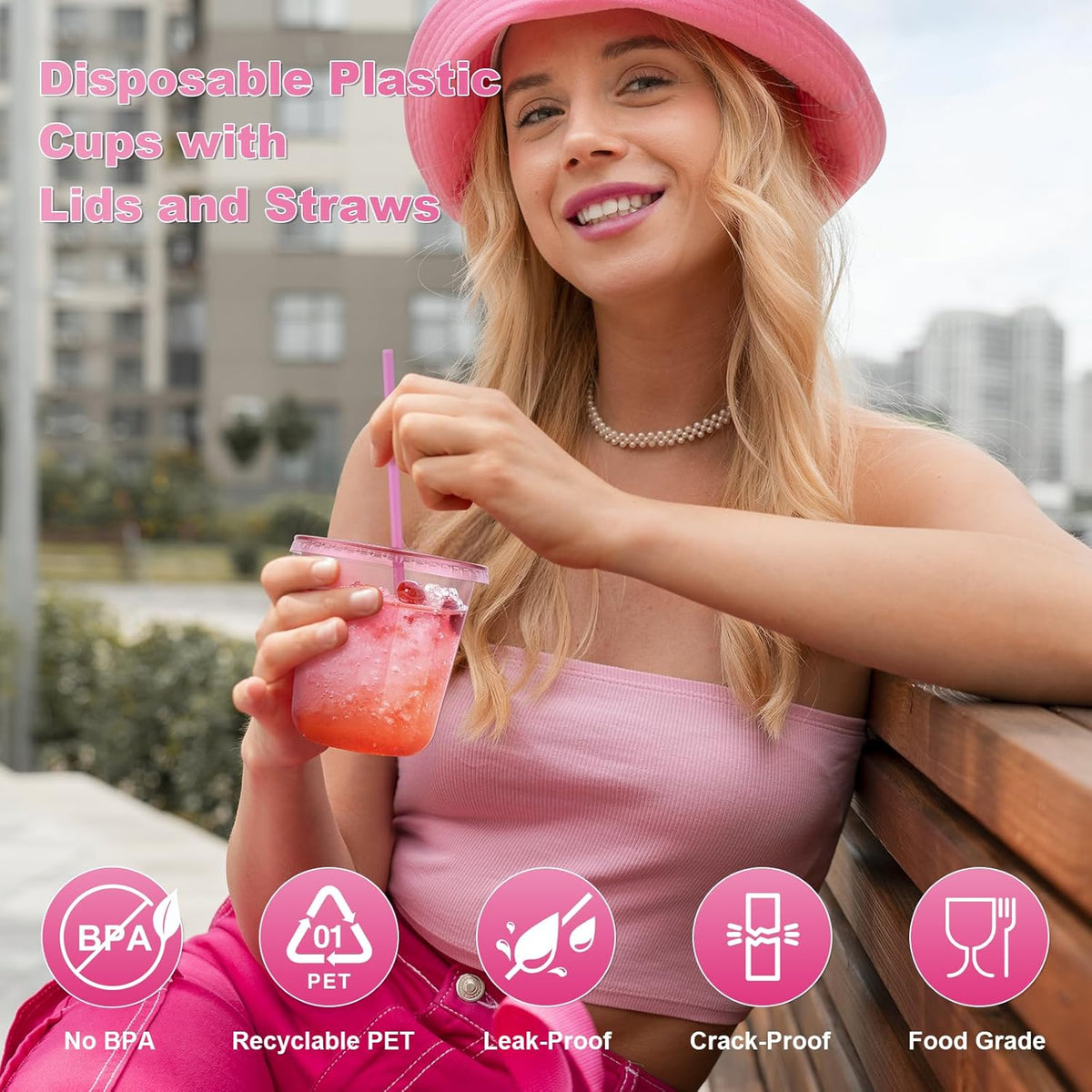 50 Pack 12 oz Pink Plastic Party Cups with Lids and Straws