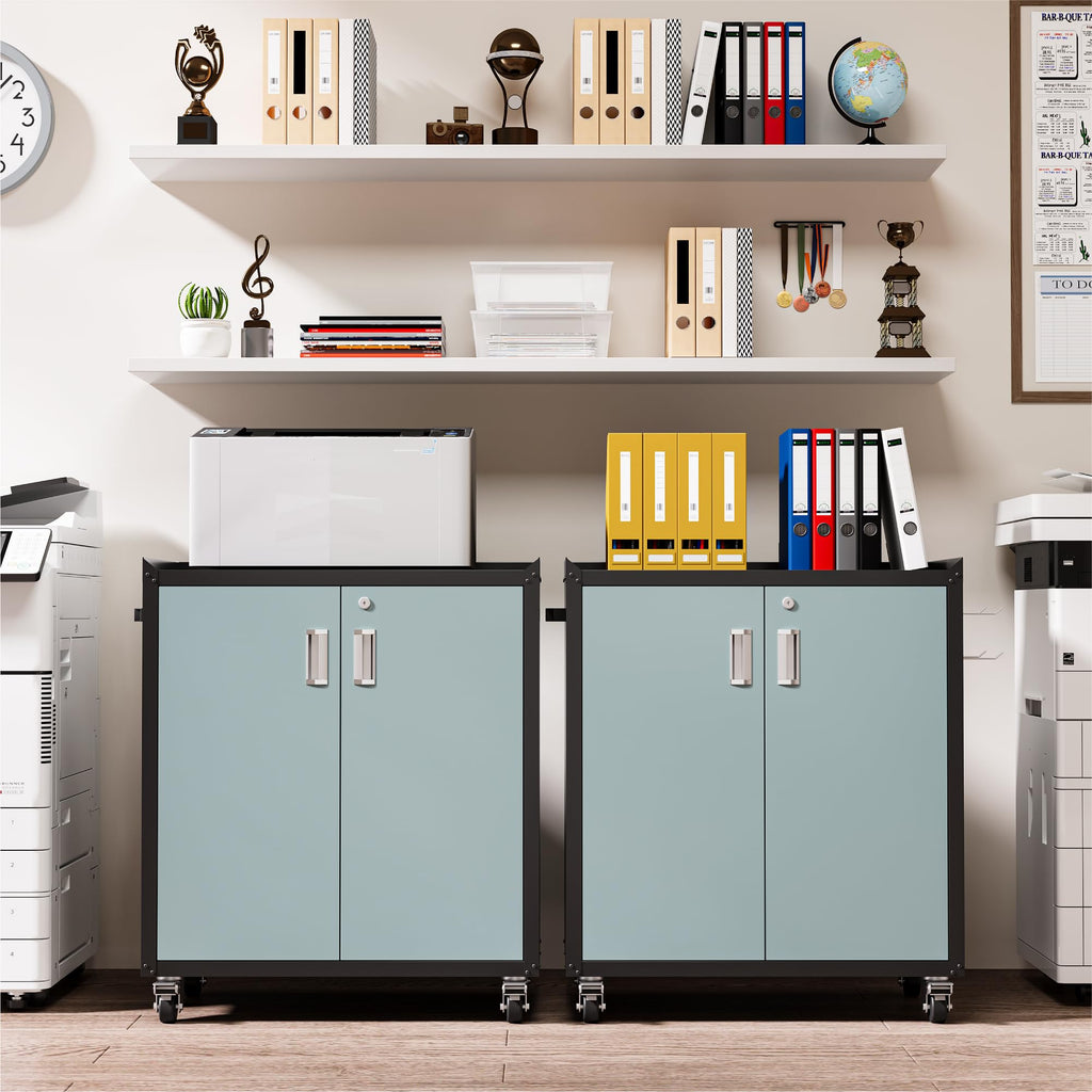 Gray & Black Metal Garage Cabinet with Wheels, Lockable 2-Door