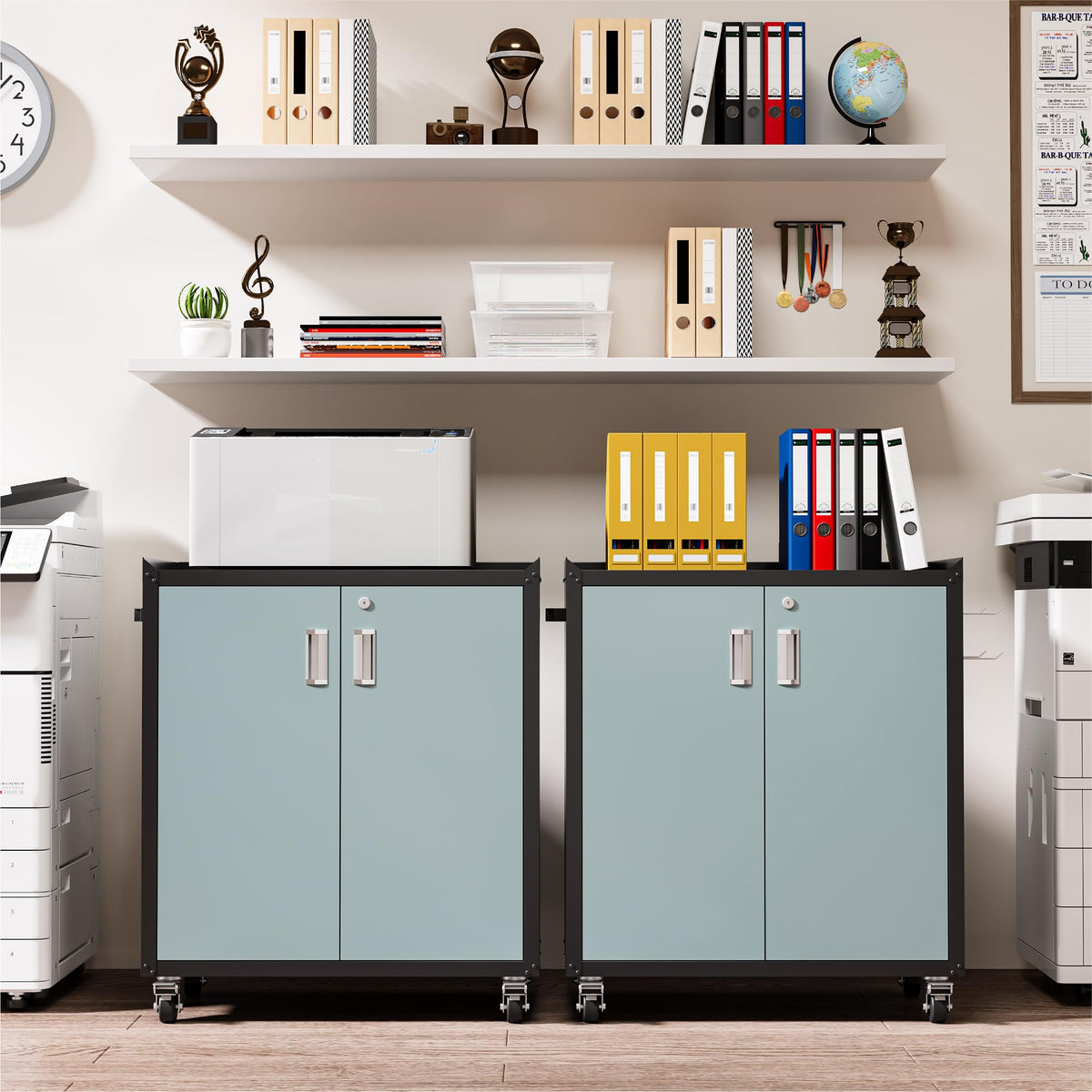 Gray & Black Metal Garage Cabinet with Wheels, Lockable 2-Door