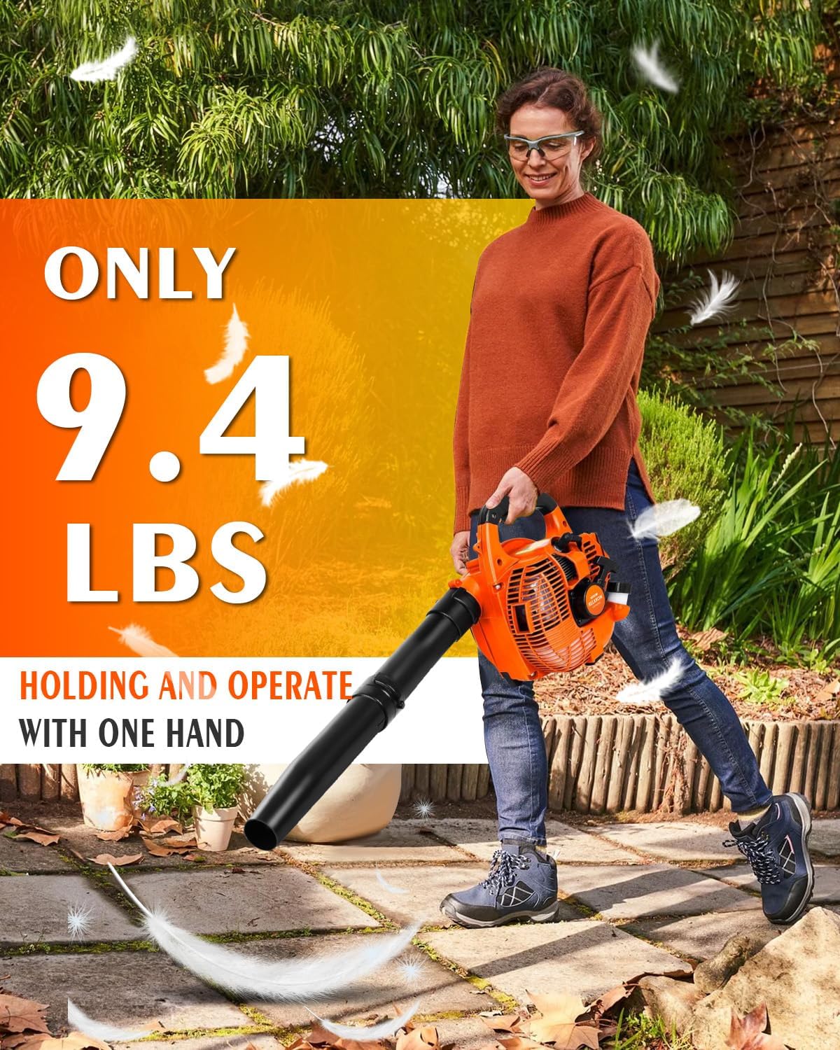 Gas Leaf Blower 26cc, 2-Cycle, Handheld, Orange | Reduced-Pull Start, 9.4 Lb Handheld Control for Damp Leaves